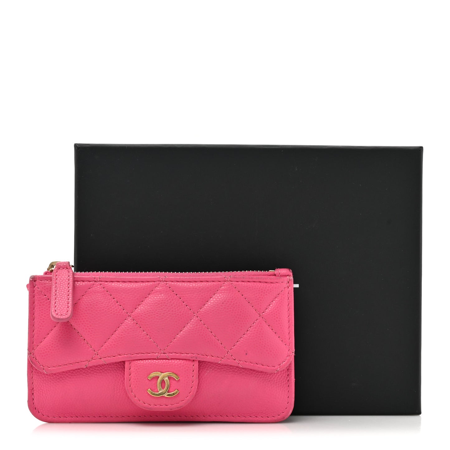 Caviar Quilted Flap Zip Card Holder Dark Pink