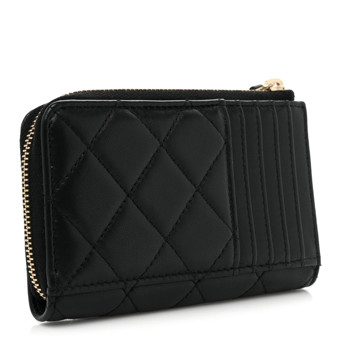 Lambskin Quilted Zip Card Holder Black