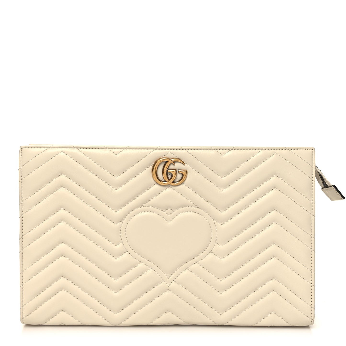 Calfskin Matelasse Chevron Heart GG Marmont Clutch Mystic White