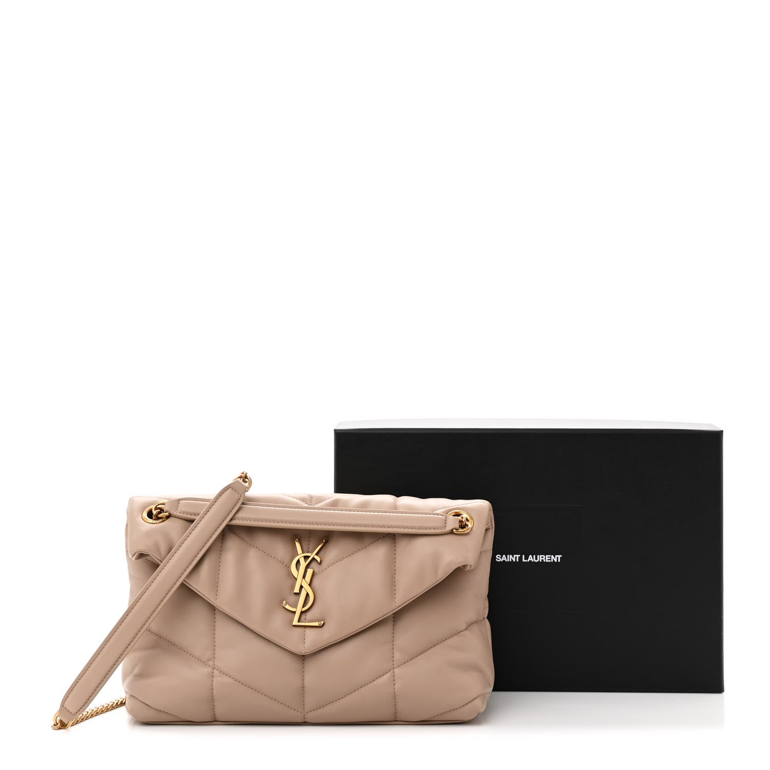 Saint Laurent Lambskin Quilted Small Loulou Puffer Monogram Chain Satchel Dark Beige 11 of 11