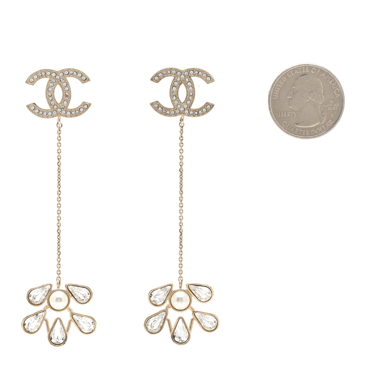 Pearl Crystal CC Drop Earrings Light Gold