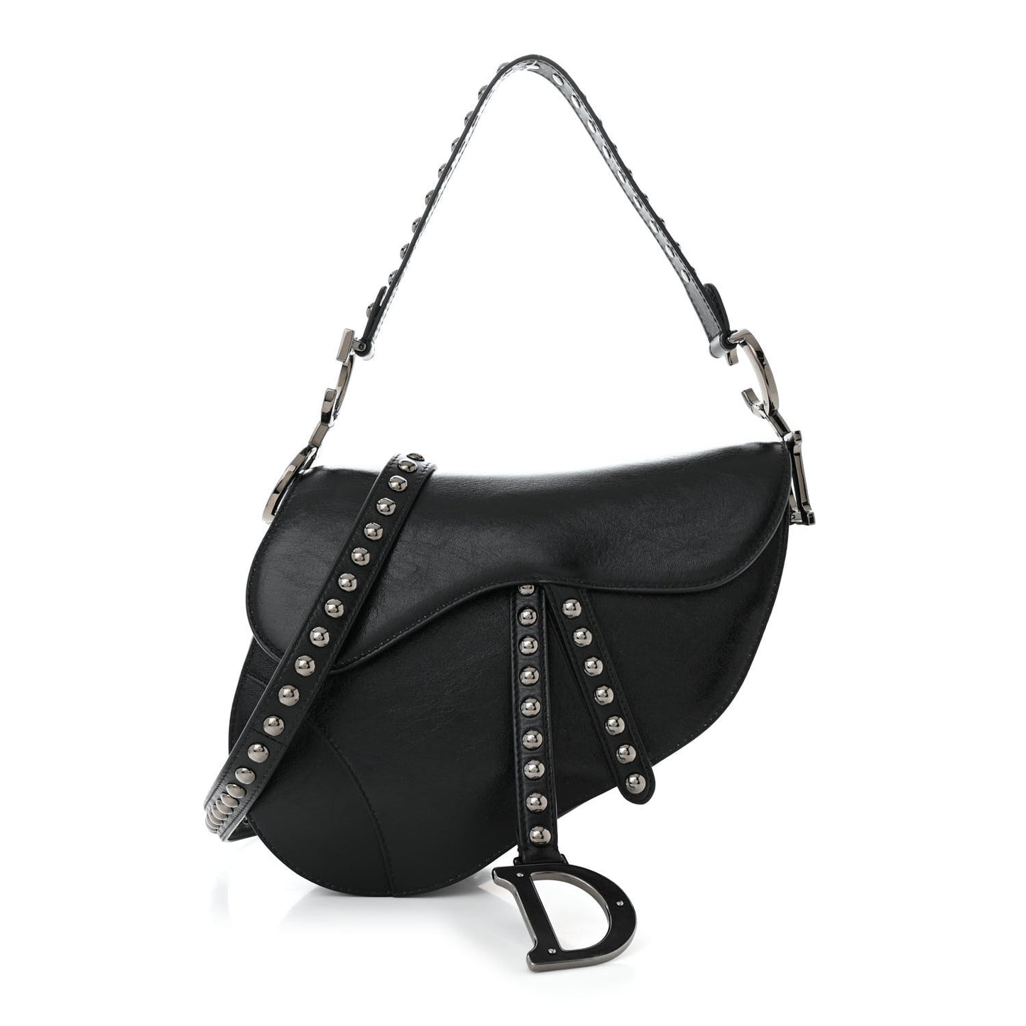 Crinkled Patent Lambskin Studded Saddle Bag With Strap Black