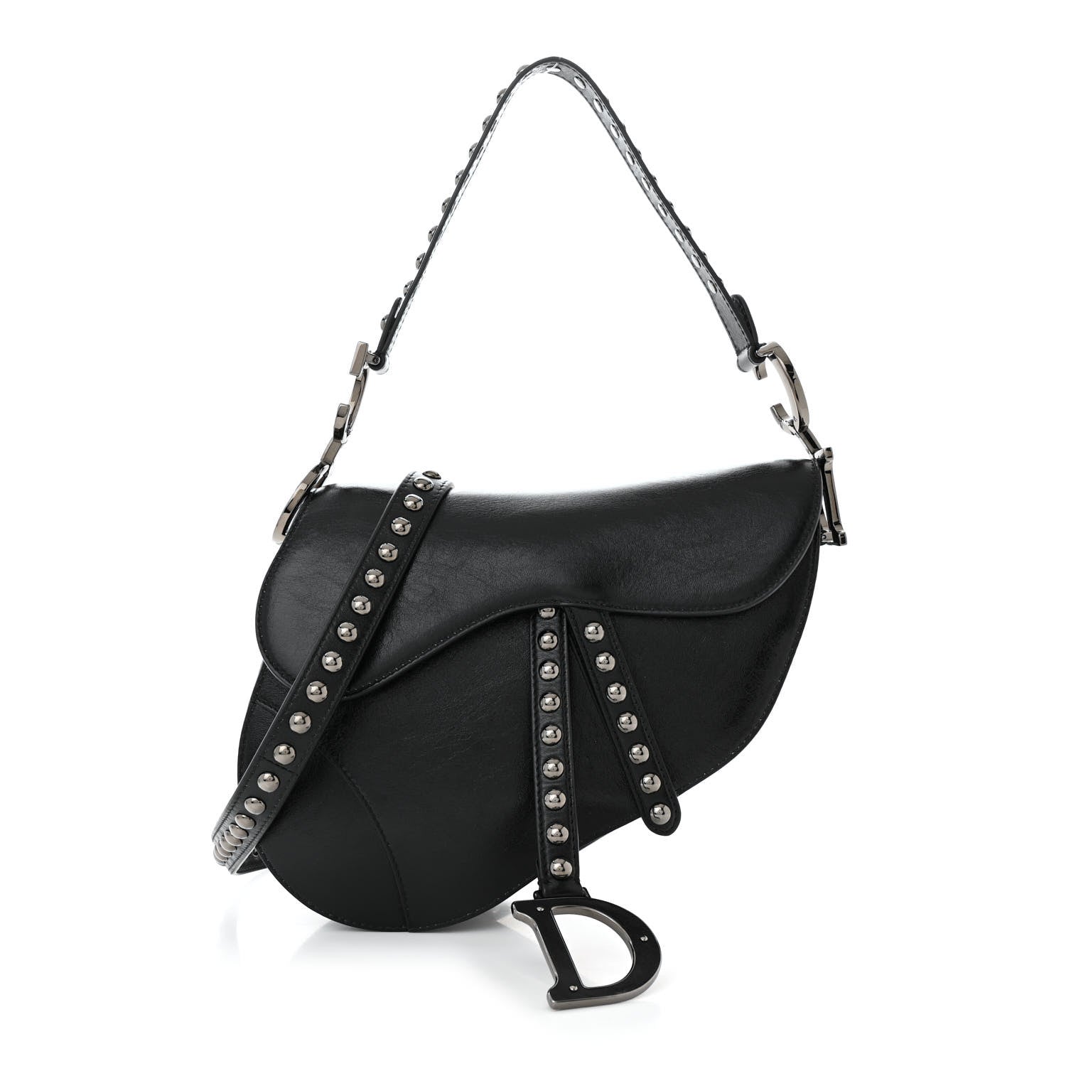Christian Dior Crinkled Patent Lambskin Studded Saddle Bag With Strap Black 1 of 10