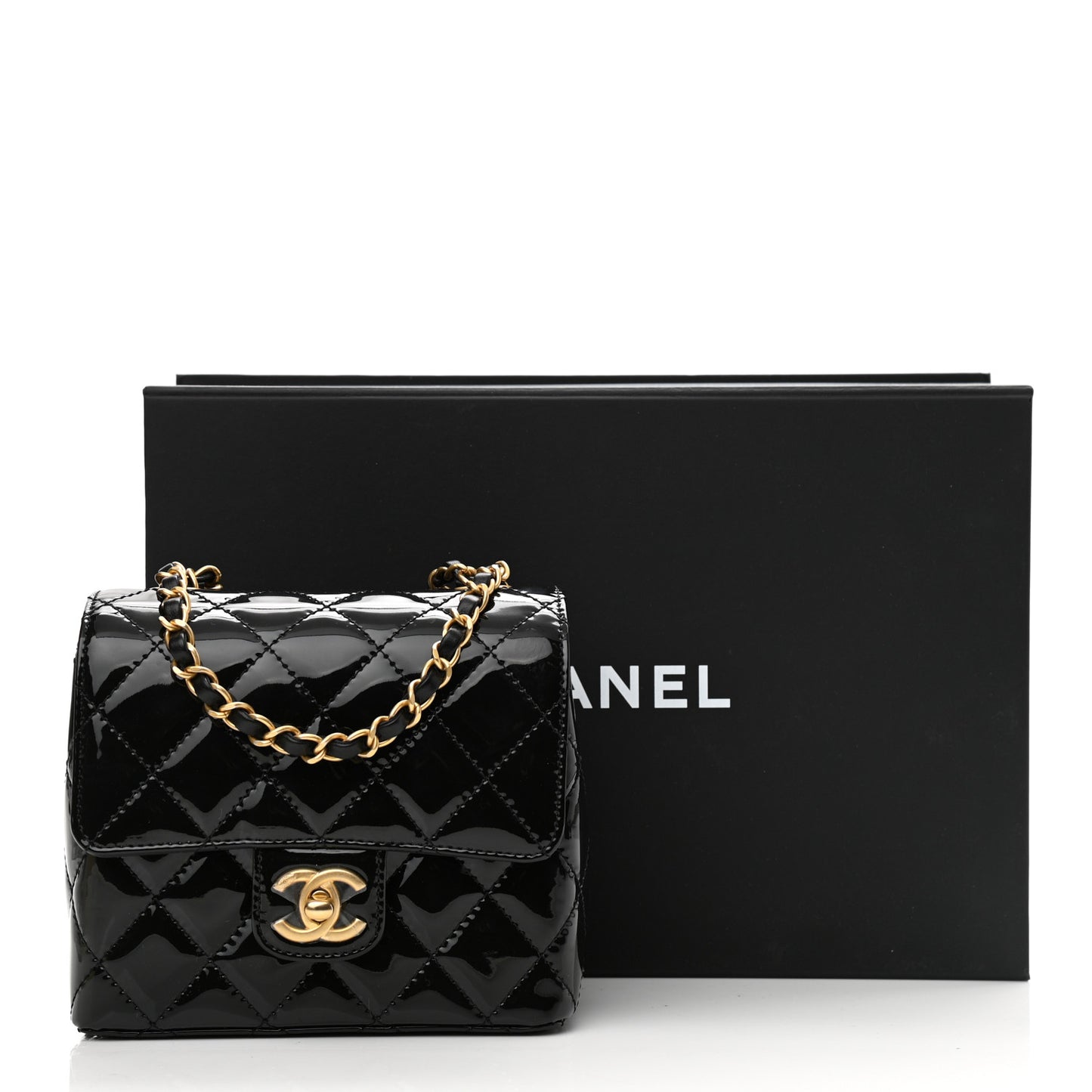 Patent Calfskin Quilted Mini Square Flap Black