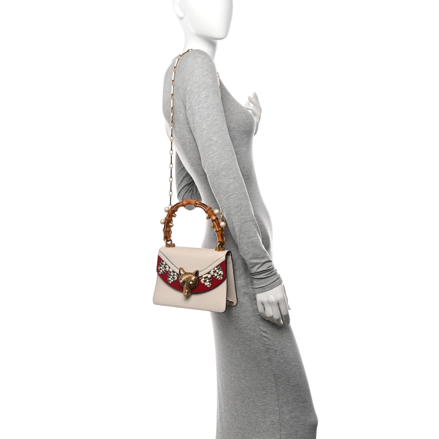Goatskin Pearl Mini Fox Broche Bamboo Top Handle Bag Hibiscus Red Mystic White