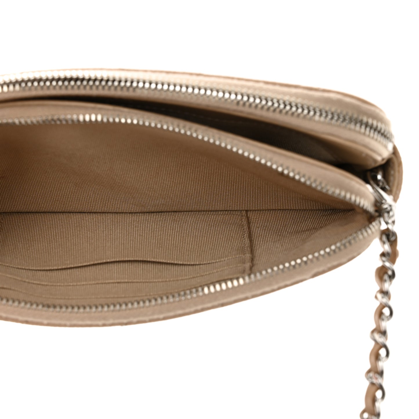 Iridescent Caviar Quilted Small Clutch With Chain Beige