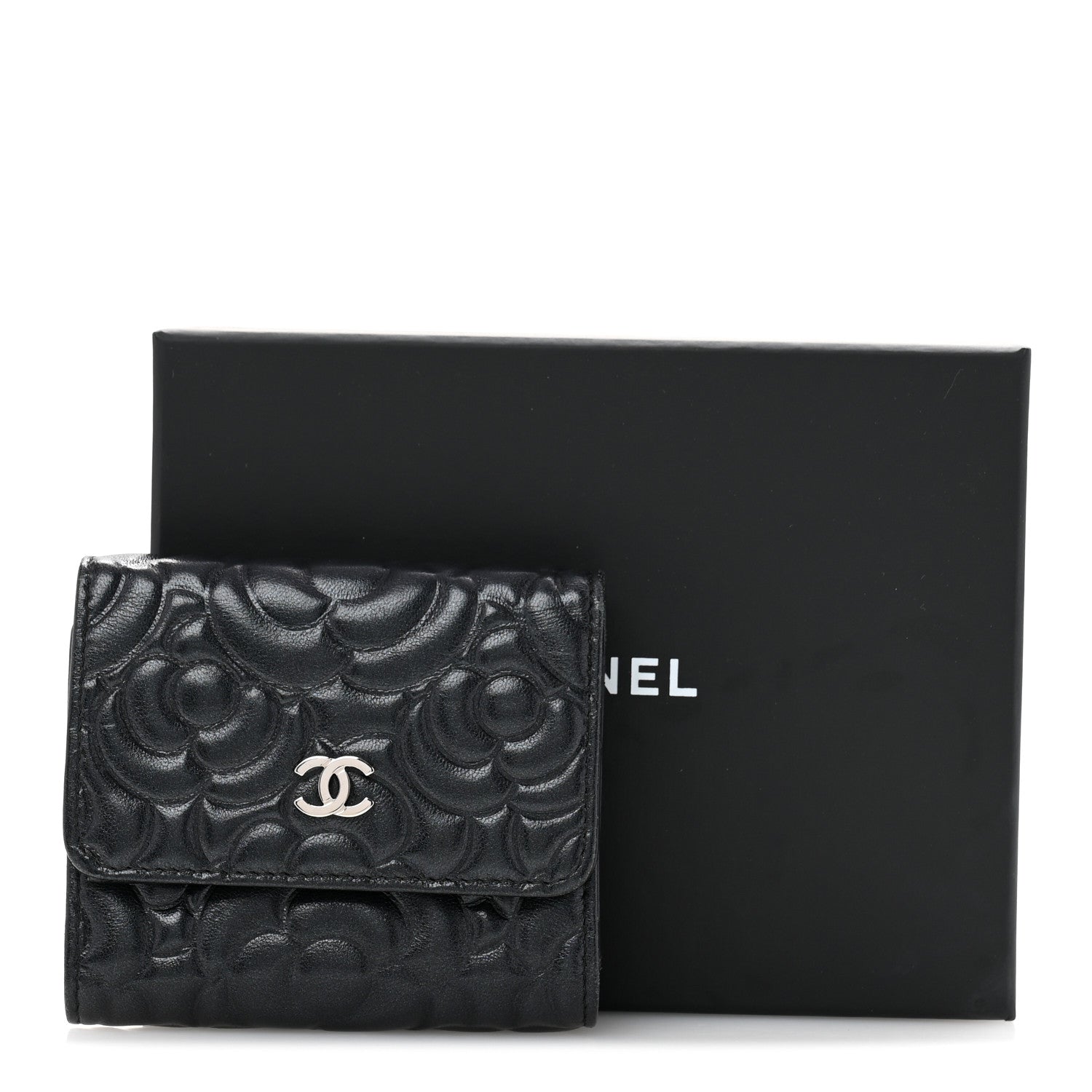 Chanel Lambskin Camellia Embossed Small Double Wallet Black 11 of 11