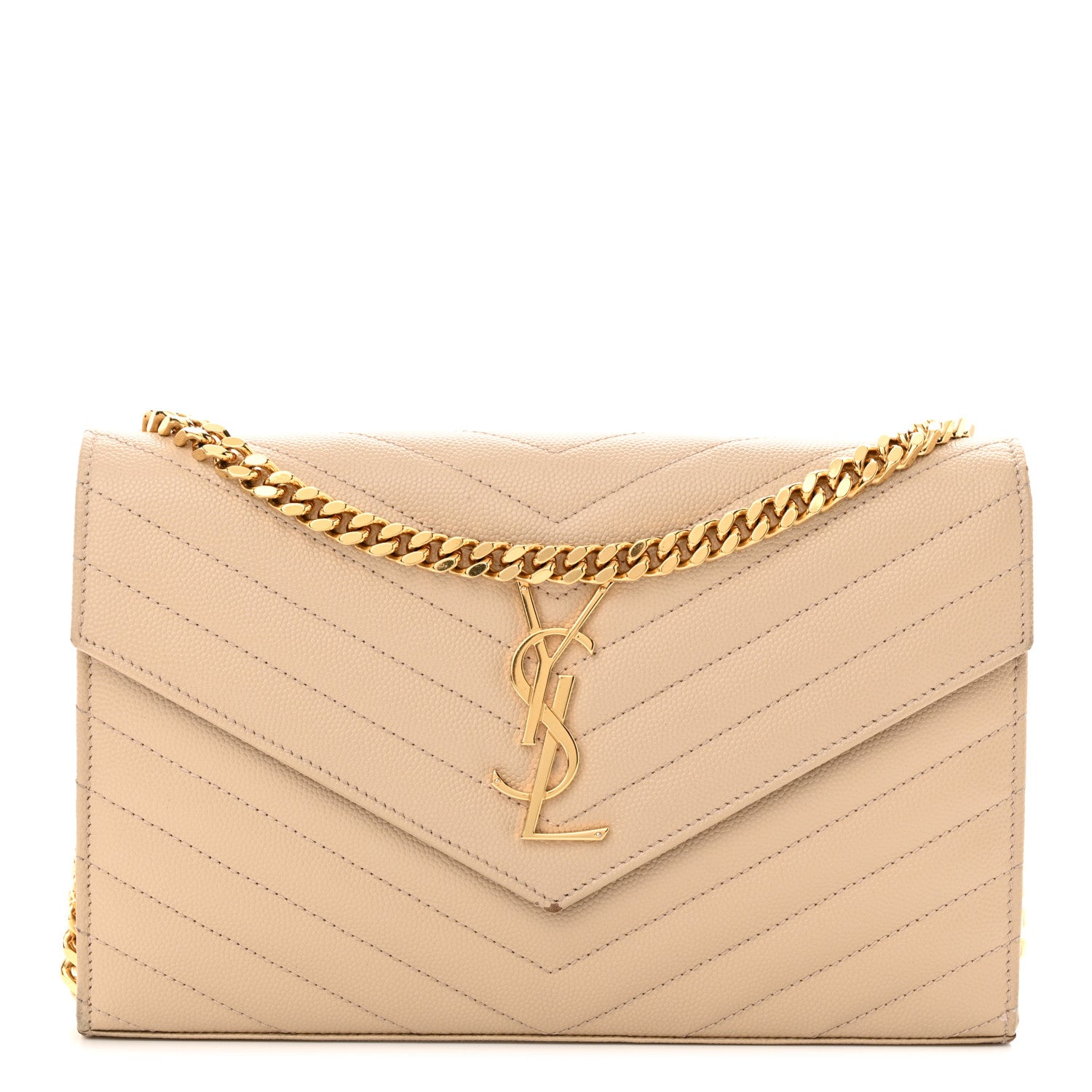 Saint Laurent Grain De Poudre Matelasse Chevron Monogram Envelope Chain Wallet Nude Powder 1 of 15