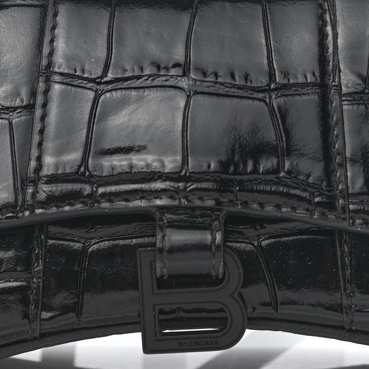 Shiny Calfskin Monochrome Crocodile Embossed Hourglass Top Handle Bag Mini Black
