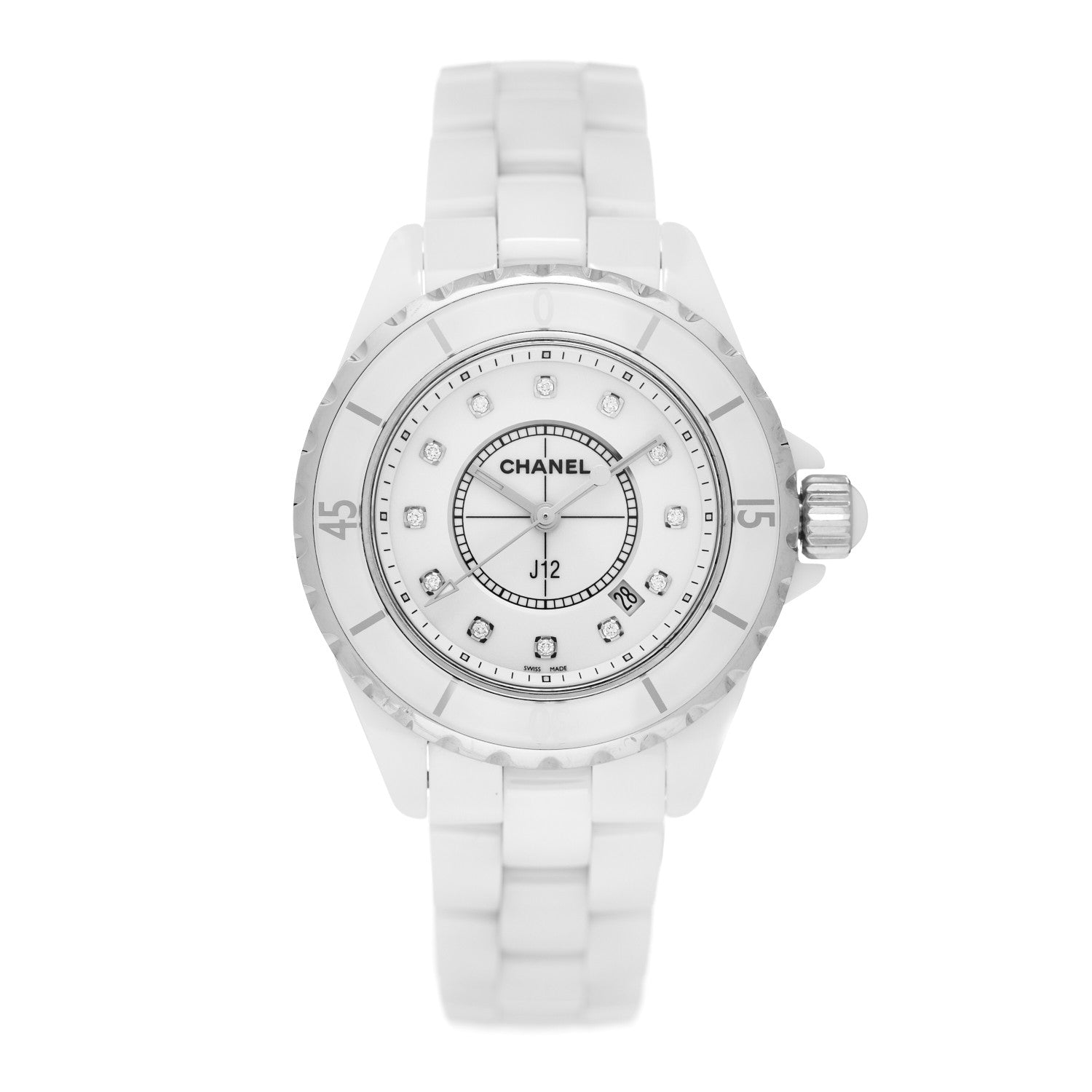 Chanel Stainless Steel Ceramic Diamond 33mm J12 Quartz Watch White 1 of 5