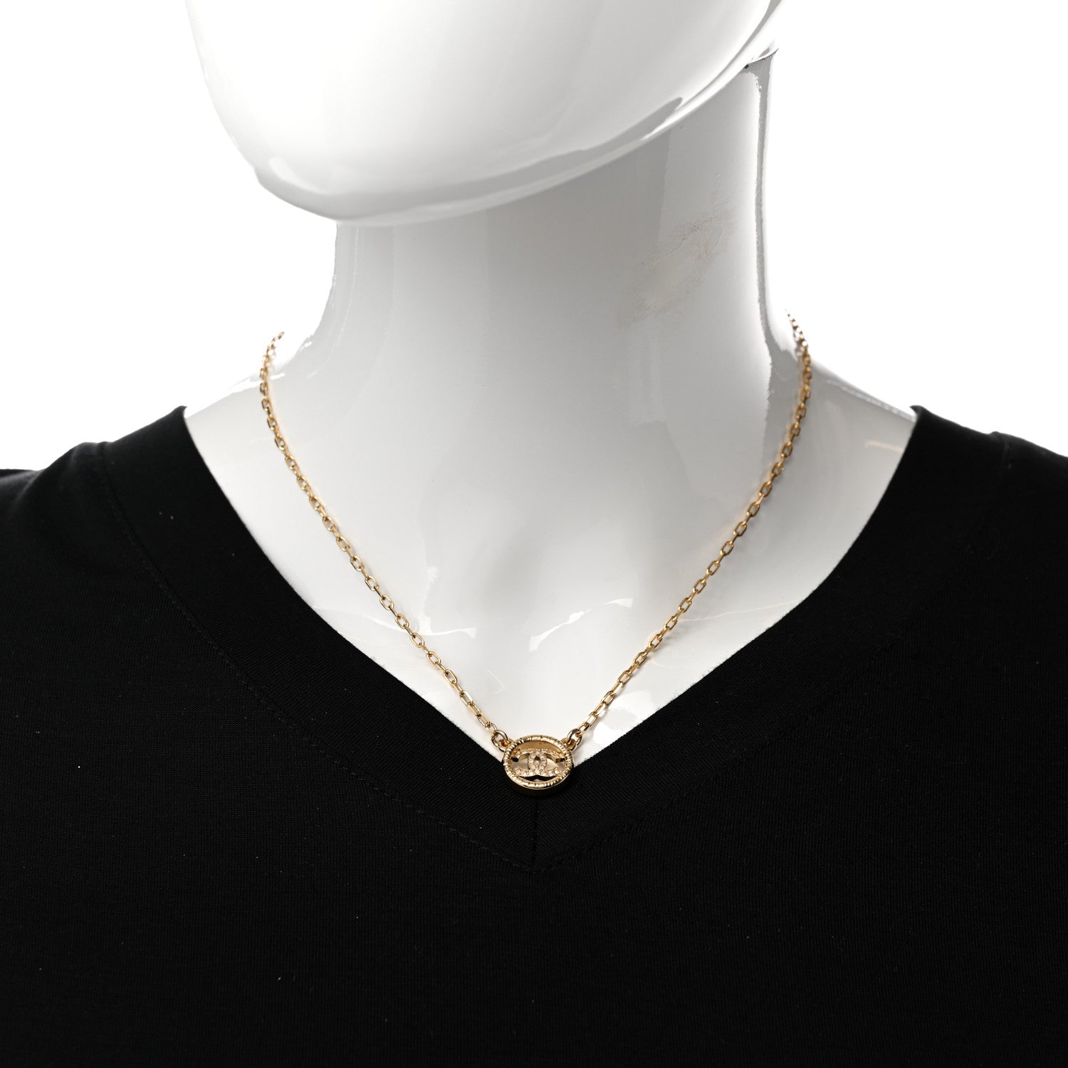 Chanel Crystal Metal CC Round Pendant Necklace Gold 2 of 6