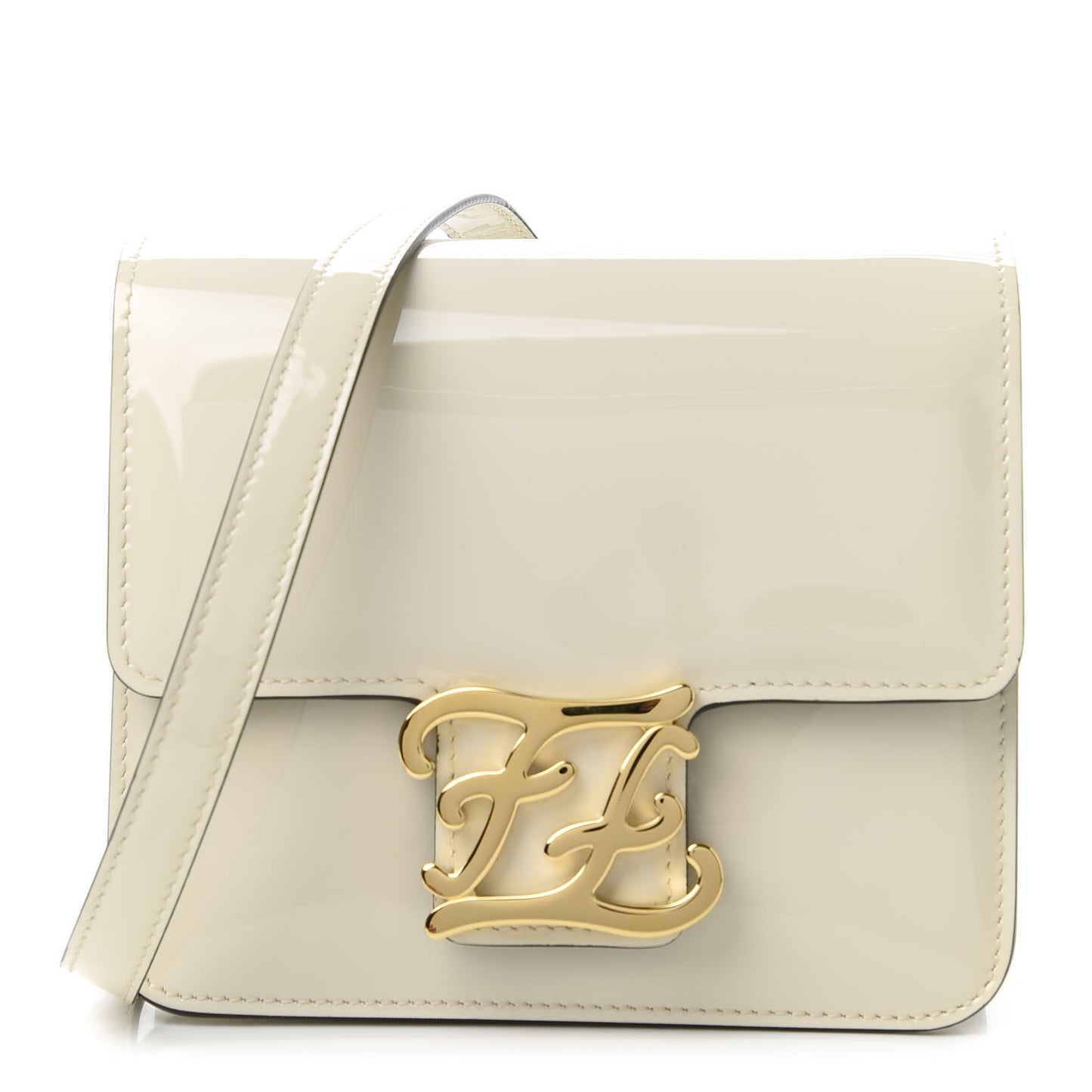 Vitello Vernice Mou Karligraphy Crossbody Bag Latte