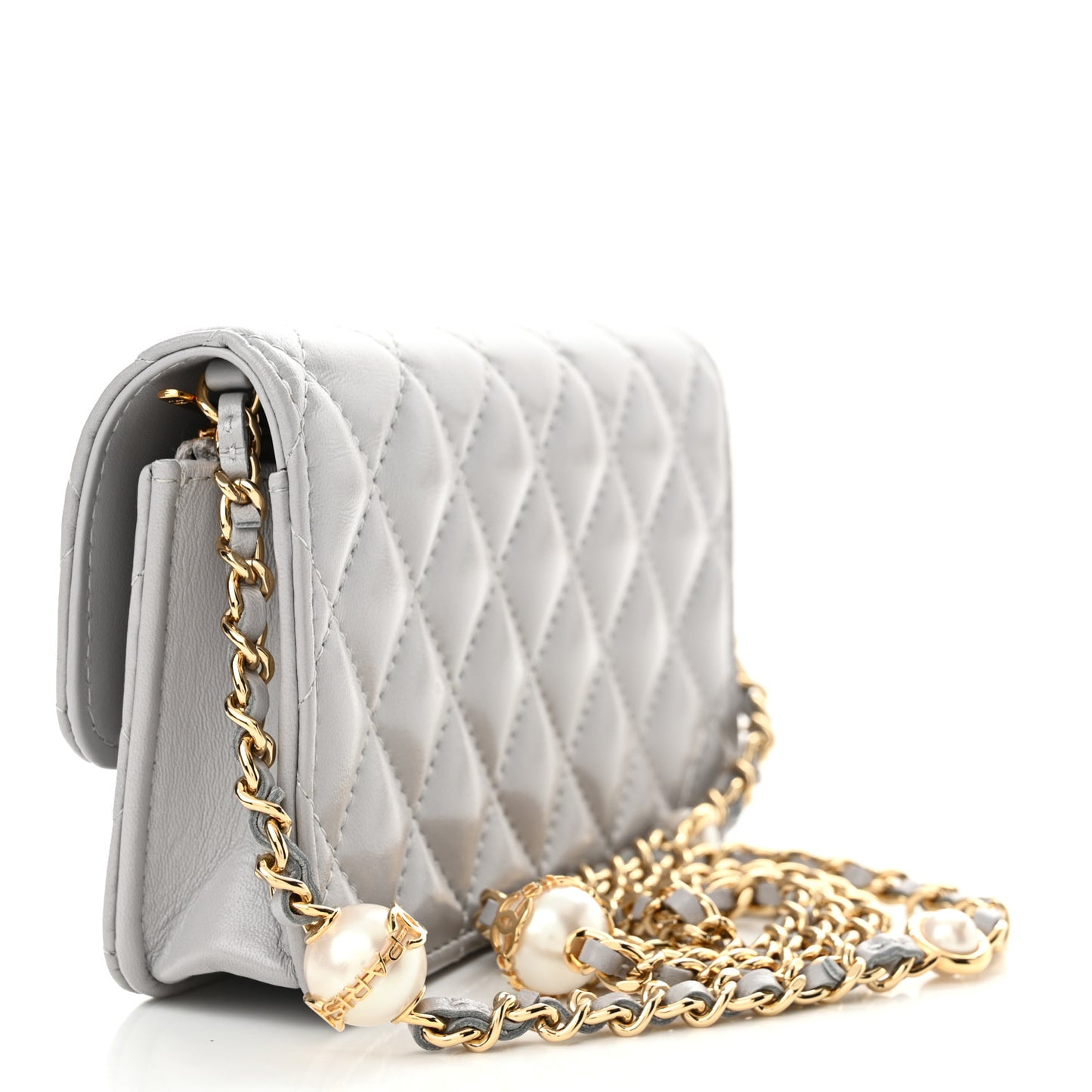 Lambskin Pearl Quilted Flap Phone Holder With Chain Grey