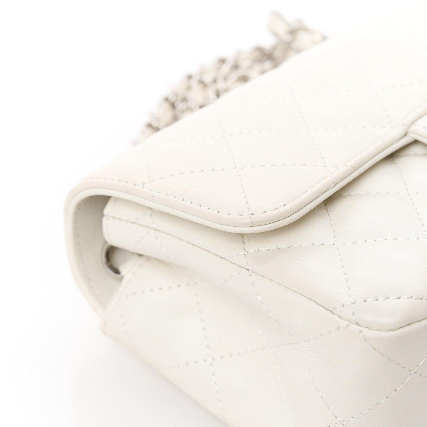 Iridescent Crumpled Calfskin Quilted Mini Rectangular Flap White