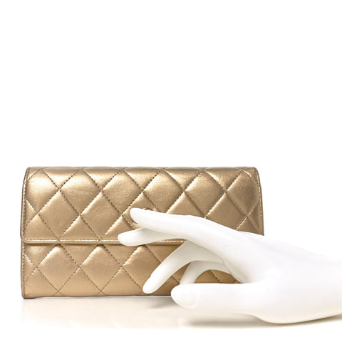 Metallic Lambskin Quilted Large Gusset Flap Wallet Gold