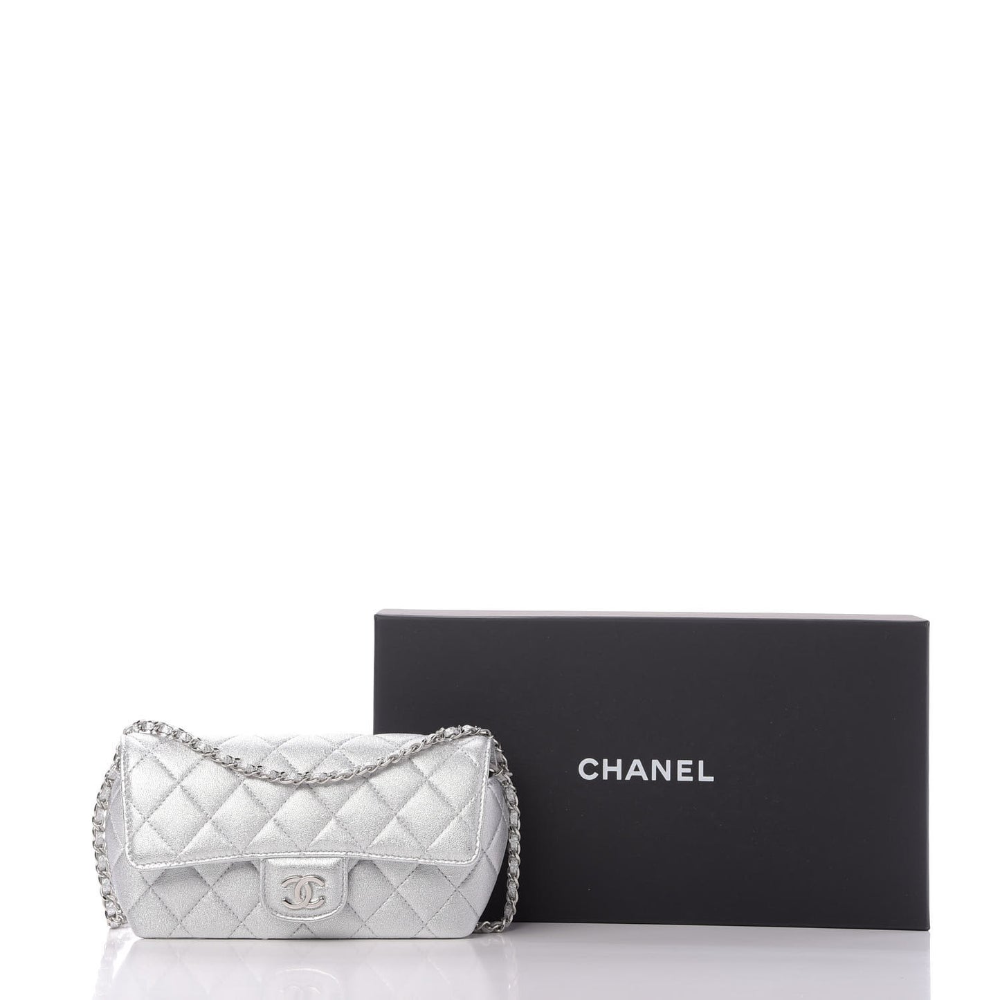 Metallic Lambskin Quilted Glasses Case With Chain Silver