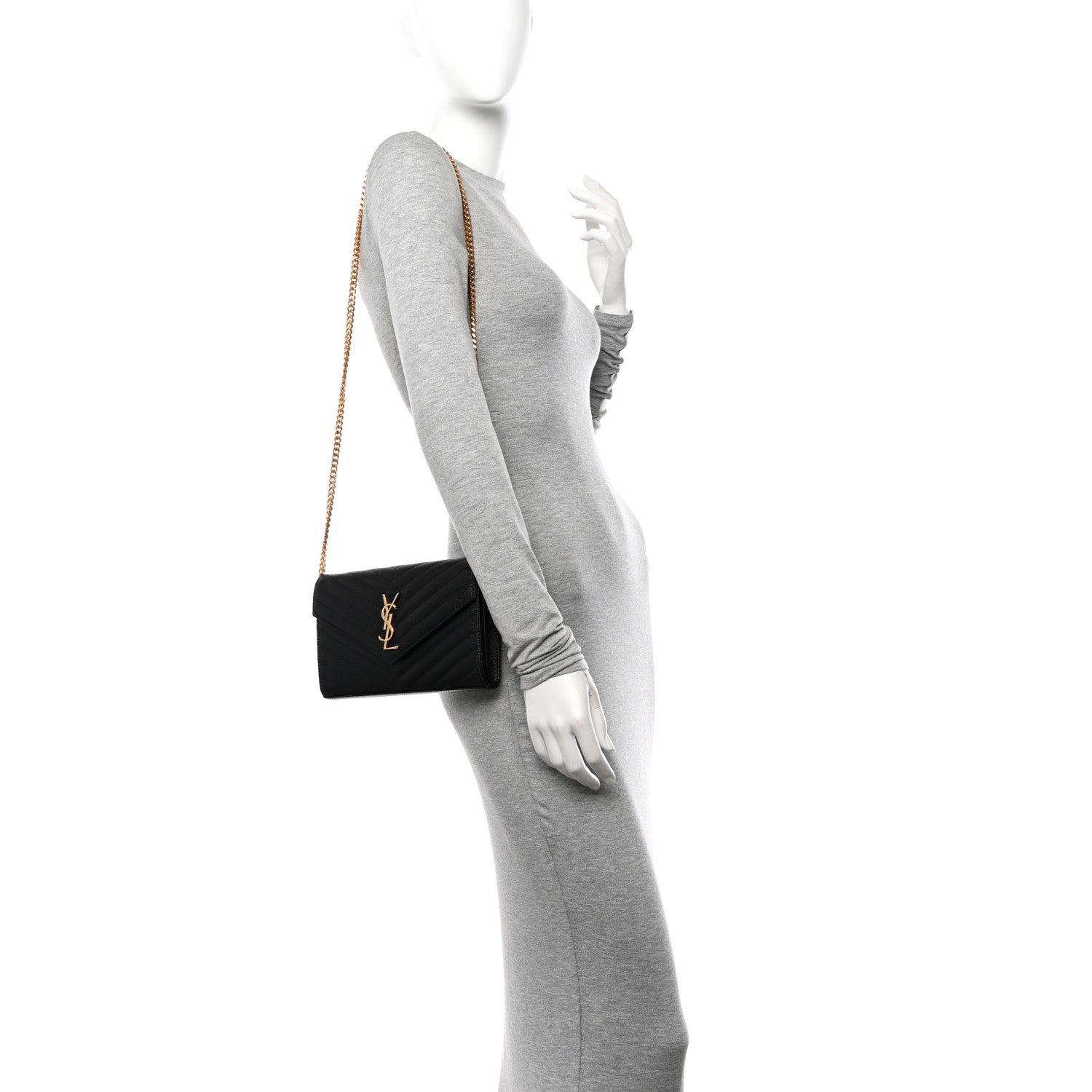 Saint Laurent Grain De Poudre Matelasse Chevron Monogram Chain Wallet Black 2 of 12