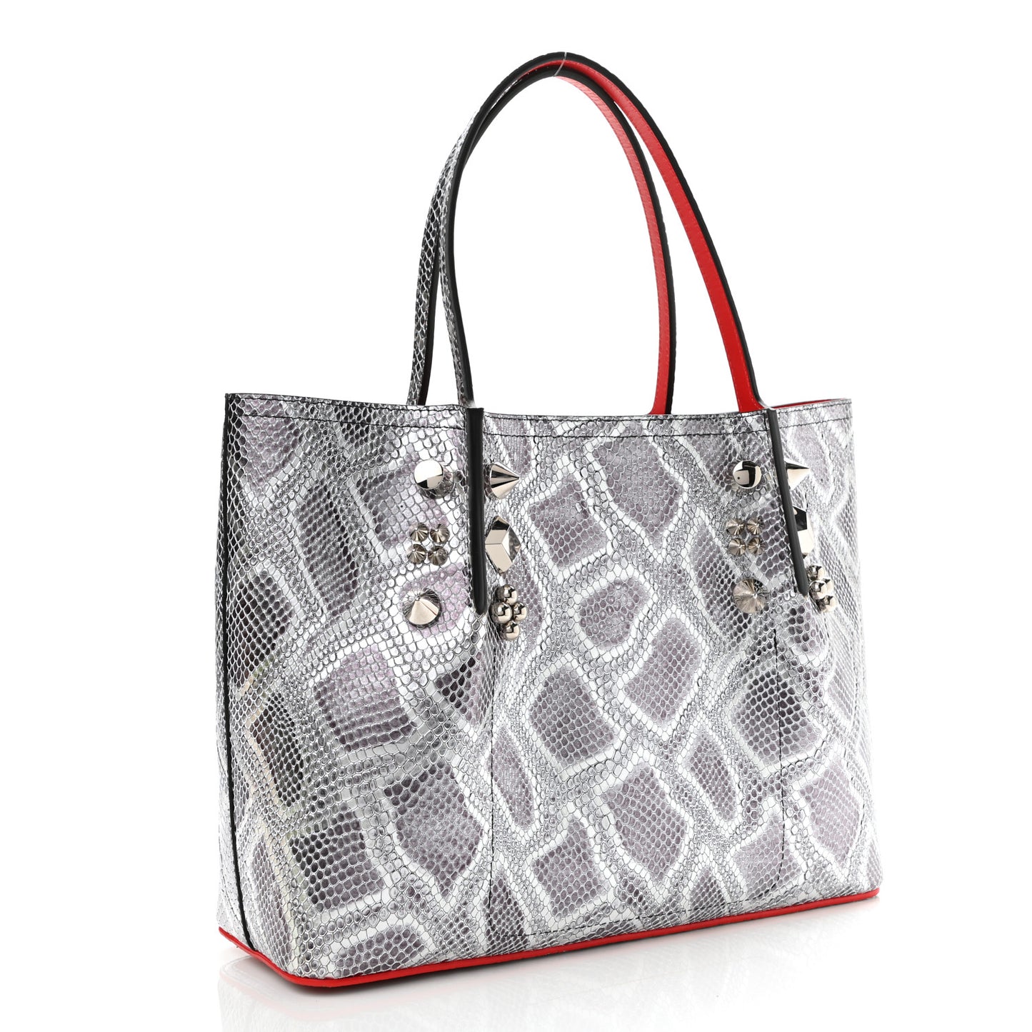 Python Embossed Calfskin Spiked Small Cabarock Shopper Tote Silver