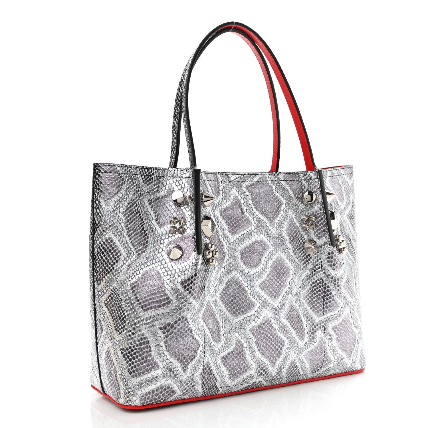Christian Louboutin Python Embossed Calfskin Spiked Small Cabarock Shopper Tote Silver 2 of 8
