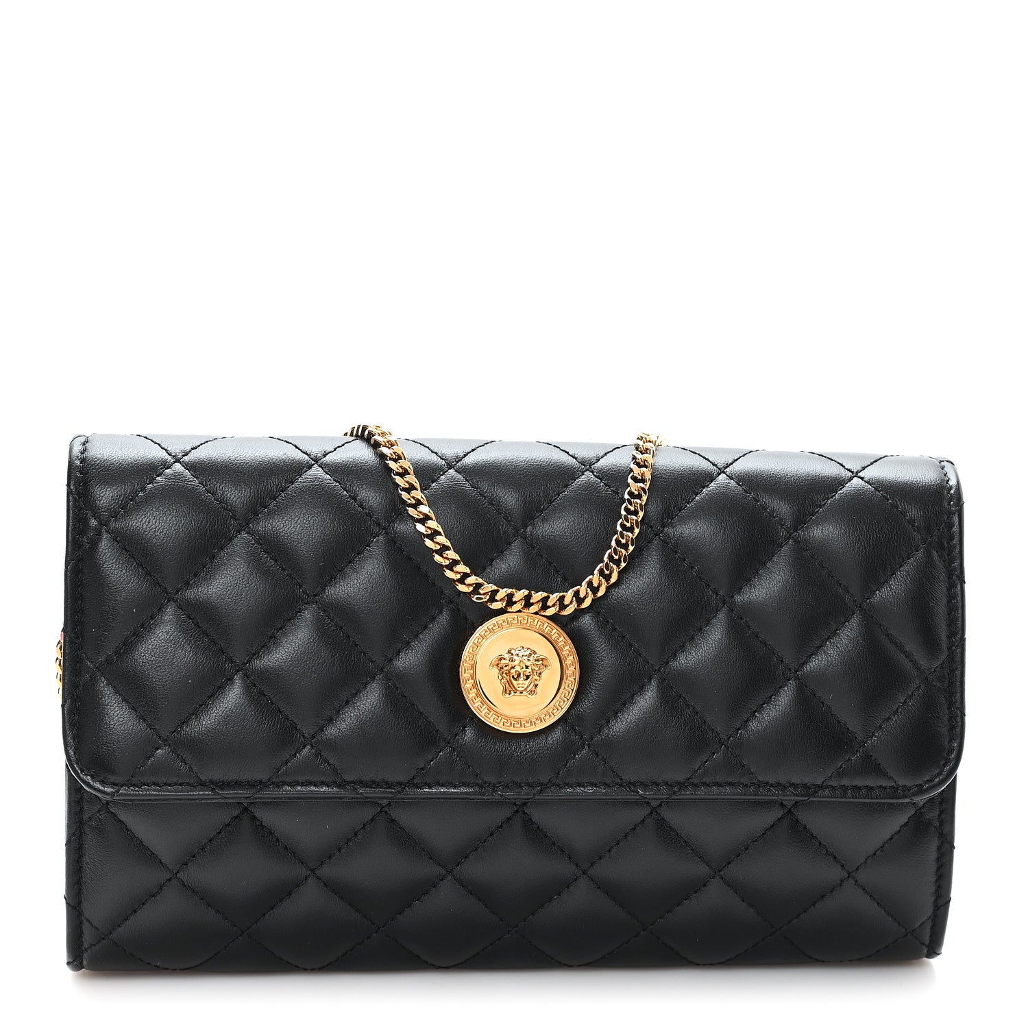 Versace Lambskin Quilted Medusa Wallet On Chain Crossbody Black