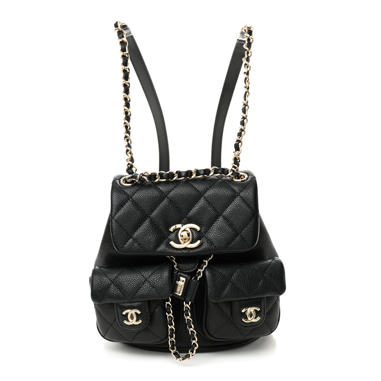 Shiny Caviar Quilted Small Duma Pockets Drawstring Backpack Black