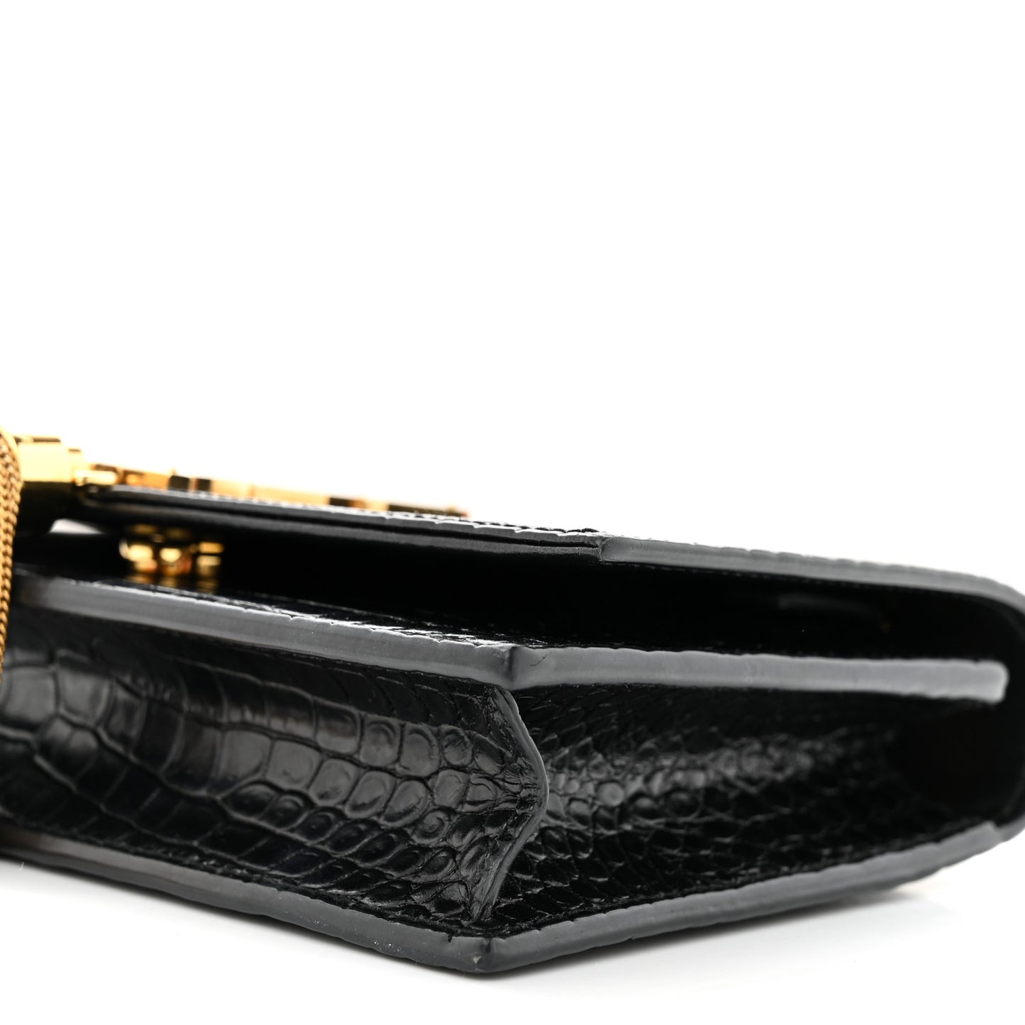 SAINT LAURENT Calfskin Crocodile Embossed Kate Monogram Tassel Chain Wallet Black