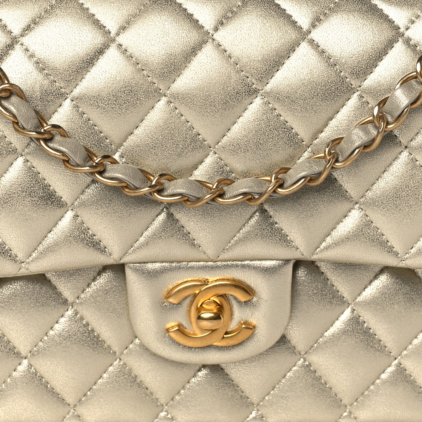 Metallic Lambskin Quilted Medium Double Flap Gold
