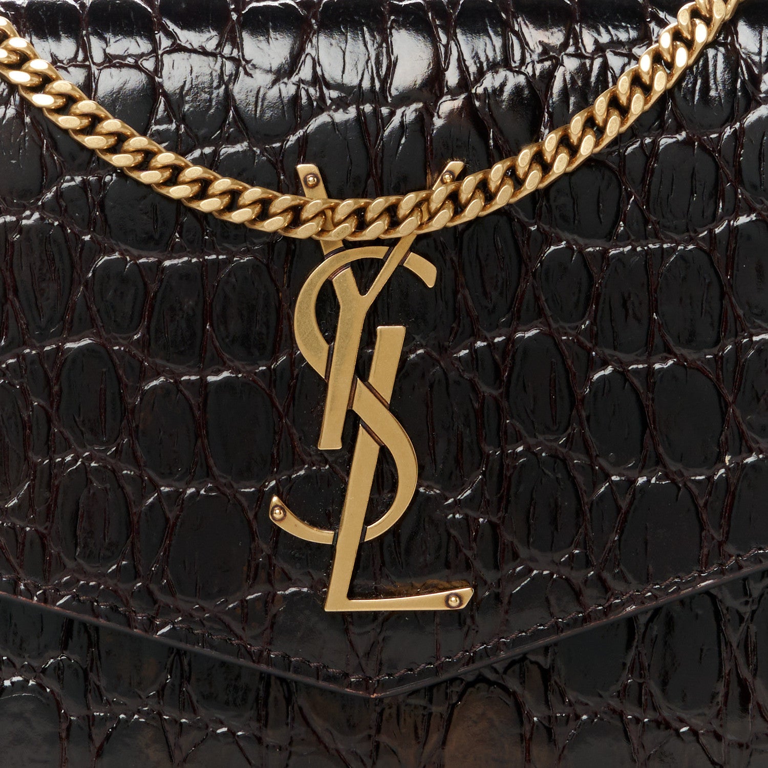 Saint Laurent Calfskin Crocodile Embossed Monogram Uptown Chain Wallet Fondente 8 of 11
