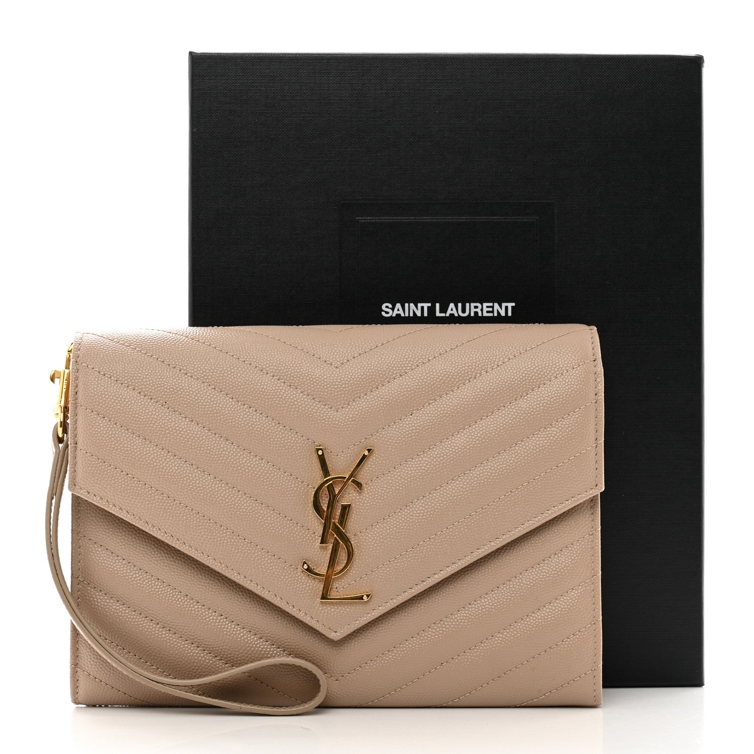 Saint Laurent Grain De Poudre Matelasse Chevron Monogram Envelope Clutch Dark Beige 8 of 8