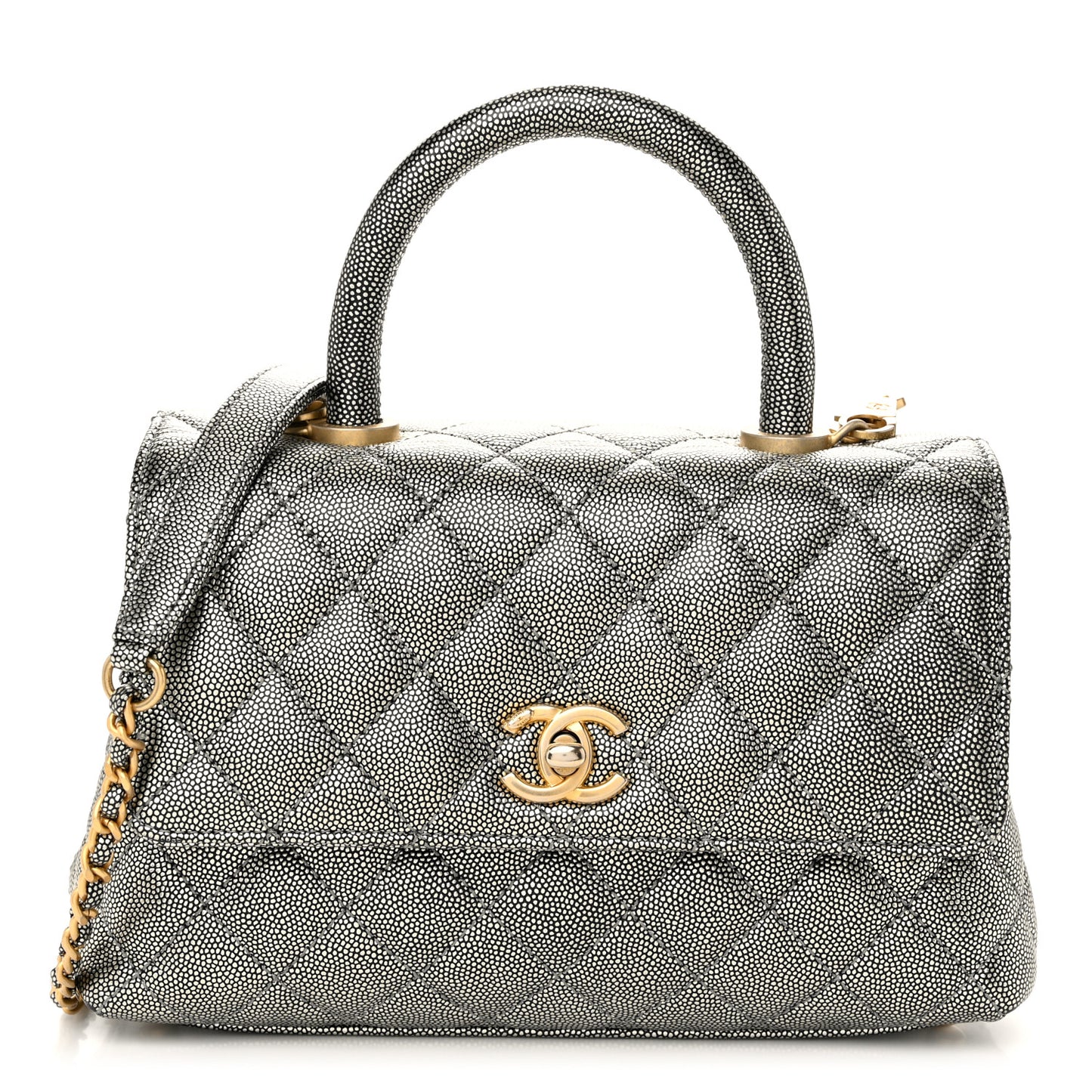 Metallic Caviar Quilted Mini Coco Handle Flap Silver