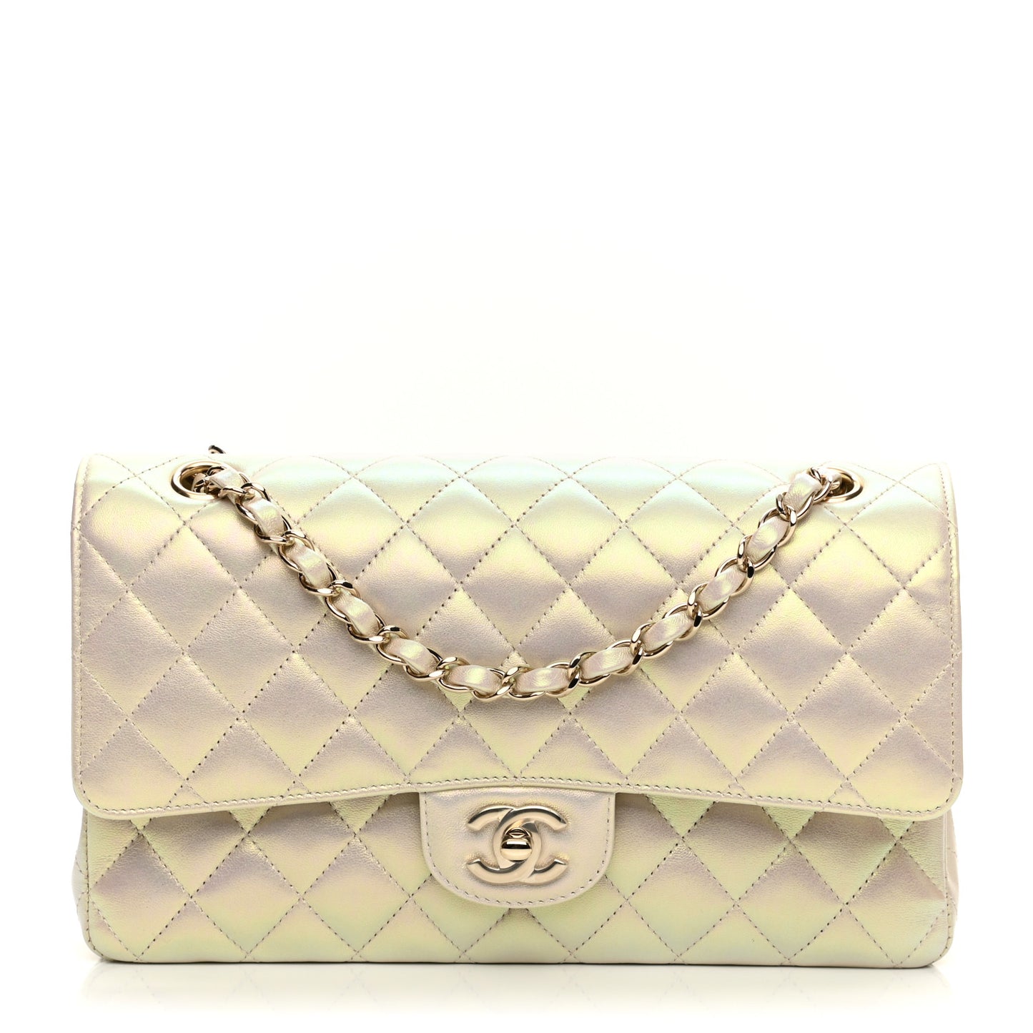 Iridescent Lambskin Quilted Medium Double Flap Ivory