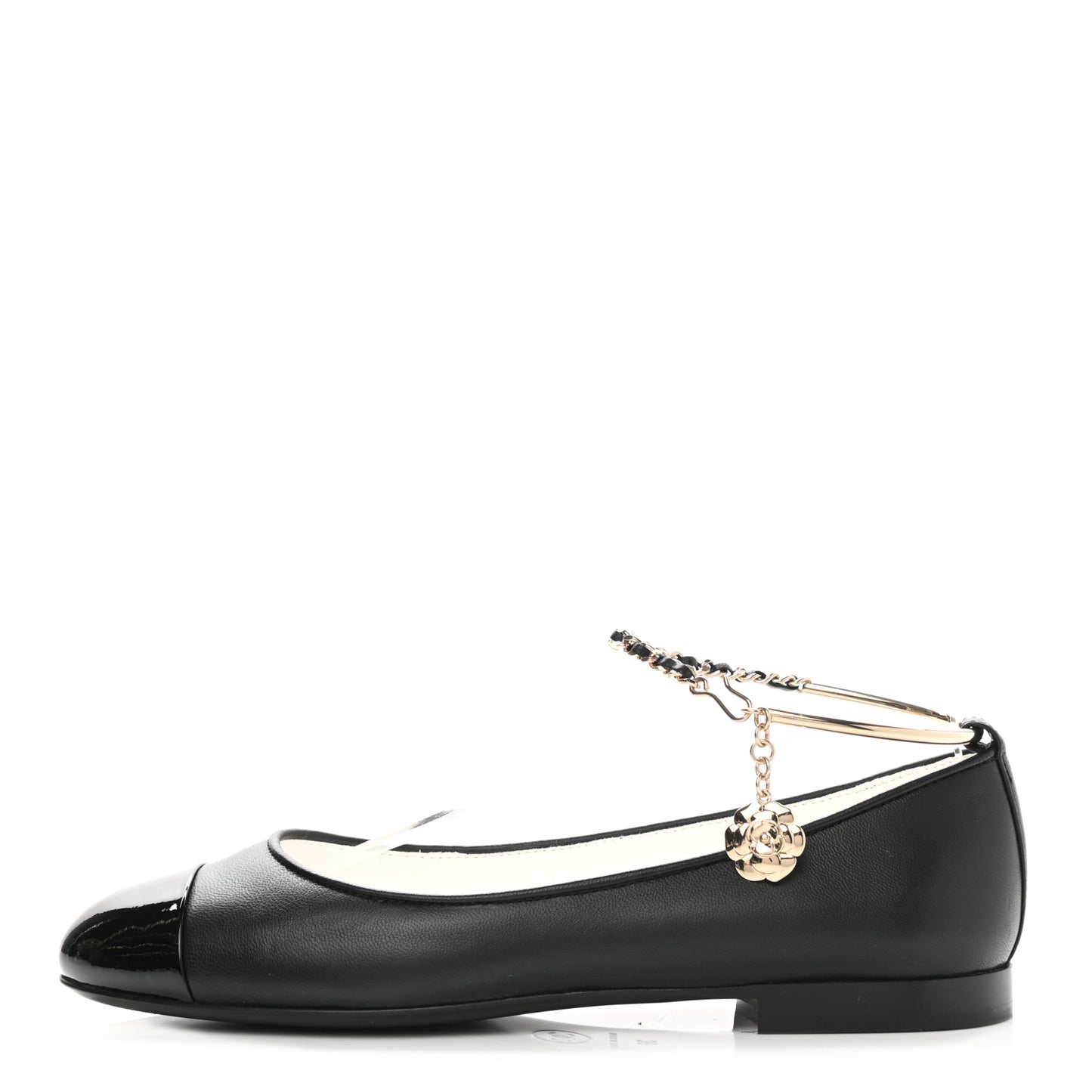 Lambskin Patent Calfskin Cap Toe Ankle Chain Ballerina Flats 36 Black