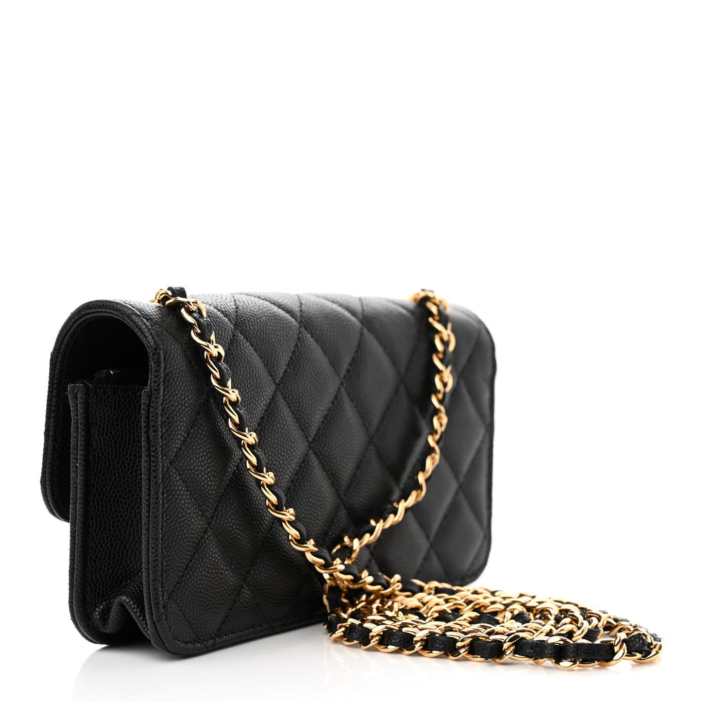 Caviar Quilted Enamel Coco Casino Flap Phone Holder With Chain Black