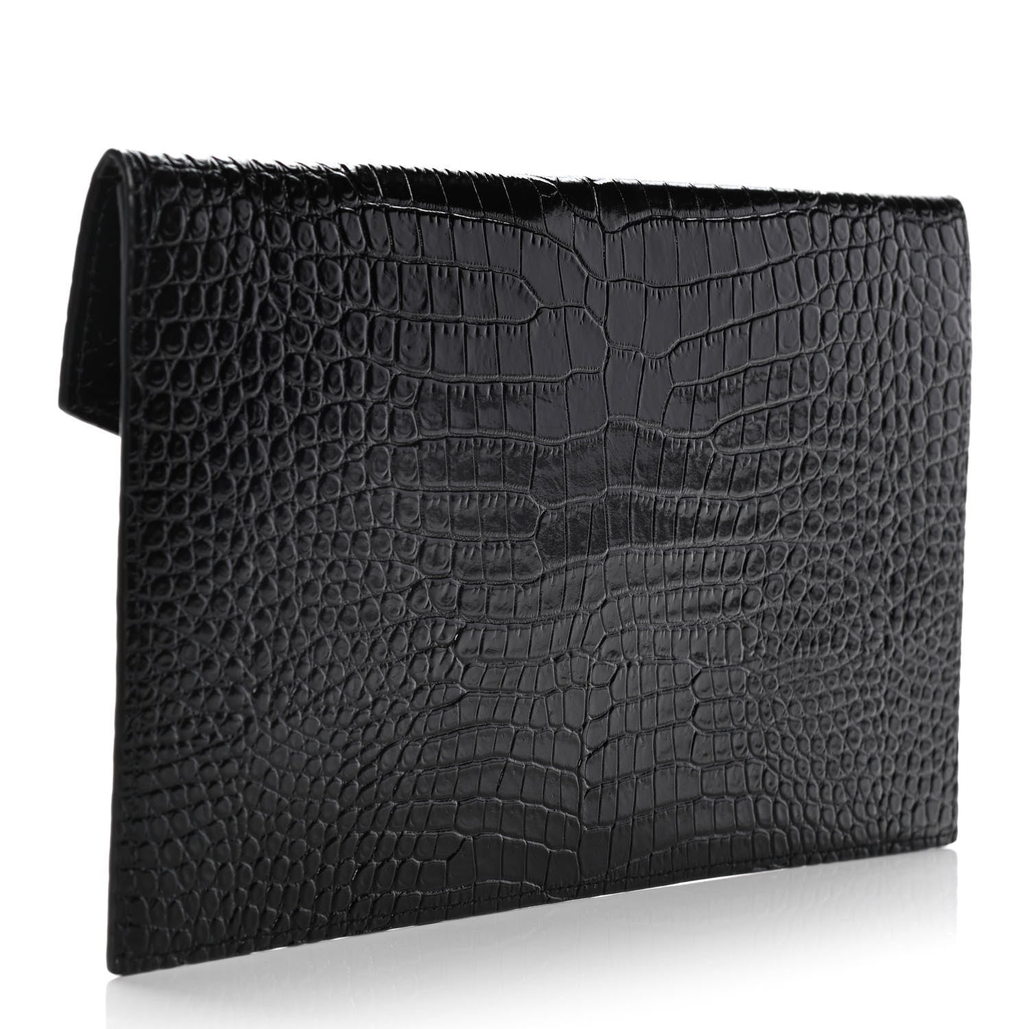 Saint Laurent Calfskin Crocodile Embossed Uptown Monogram Clutch Black 2 of 8