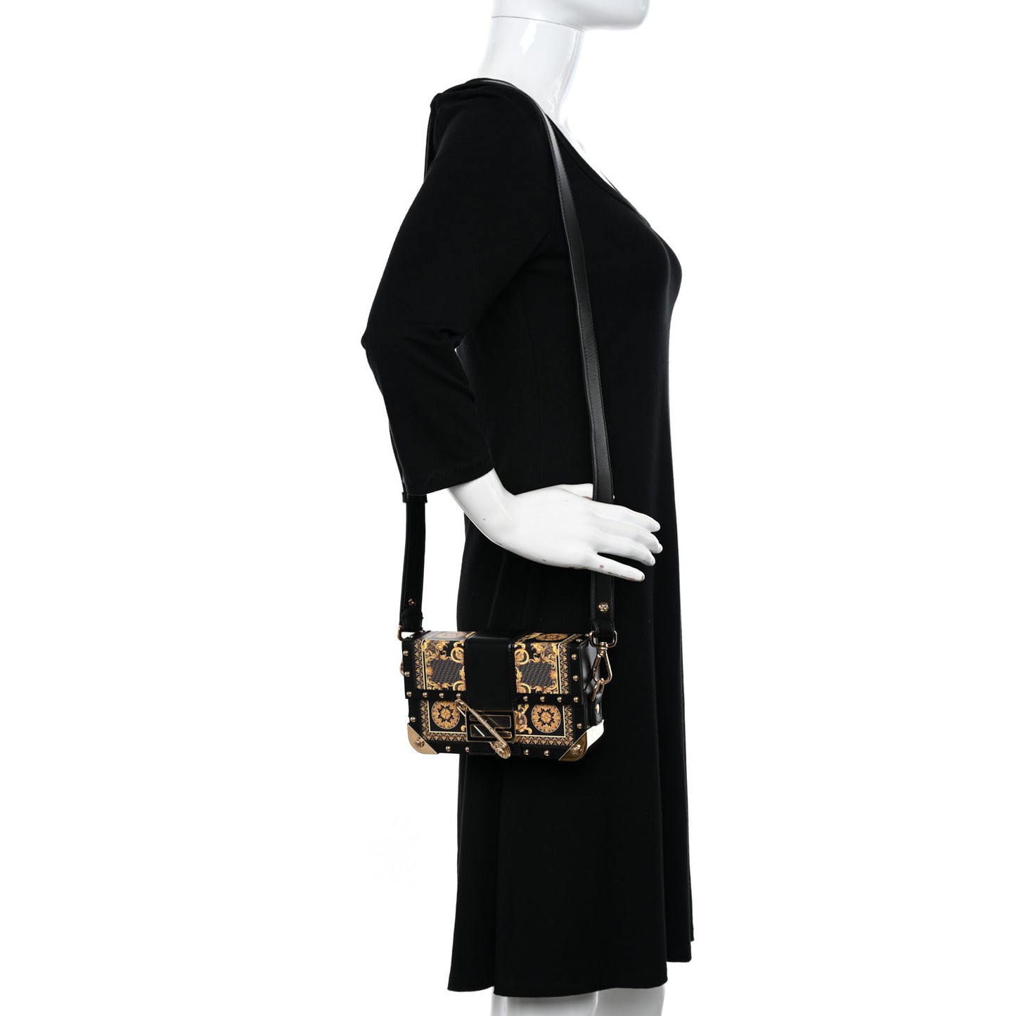 X VERSACE Vitello Cover Fendace Mini FF Baroque Brooch Studded Mini Baguette Trunk Black Gold
