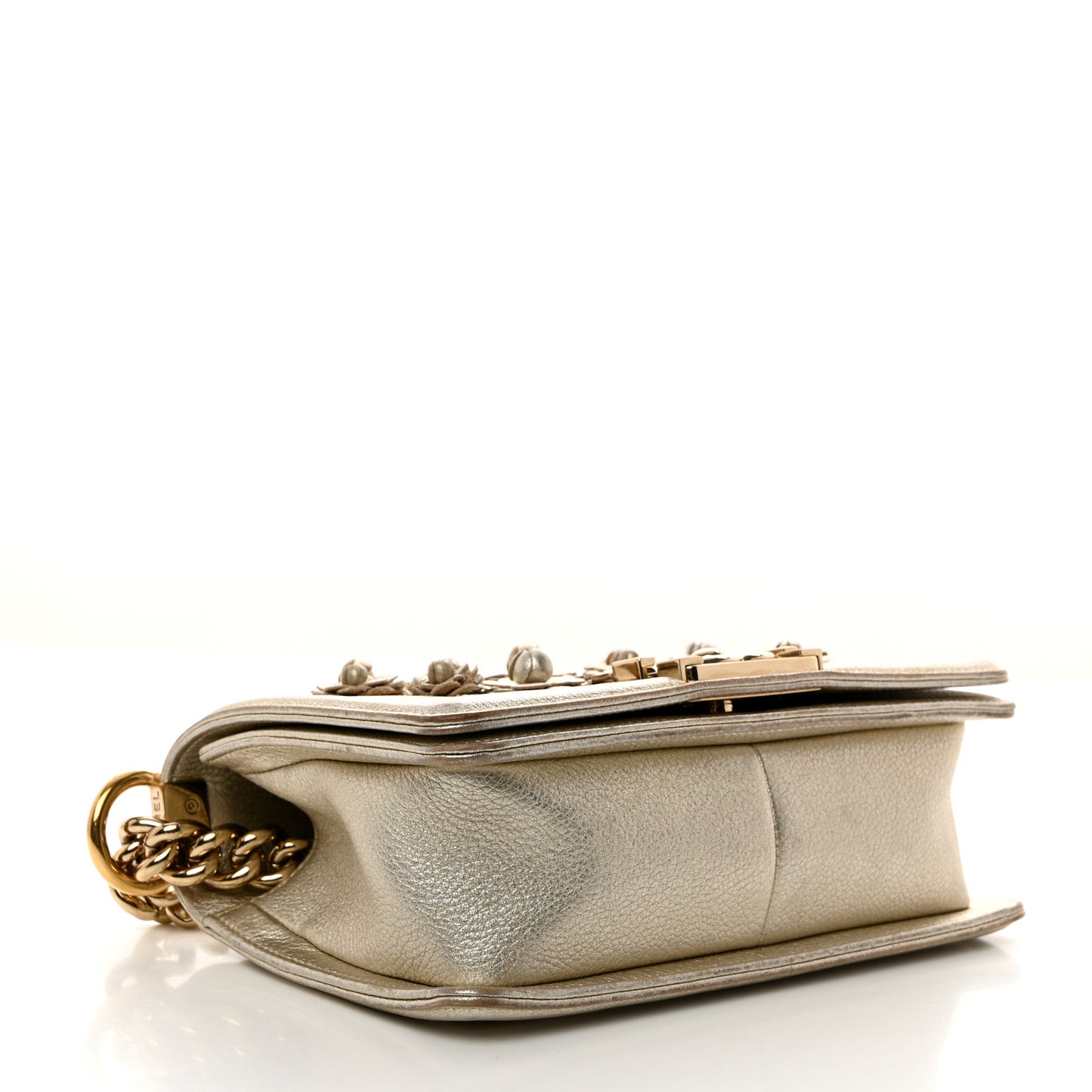 Metallic Calfskin Quilted Camellia Small Boy Flap Gold