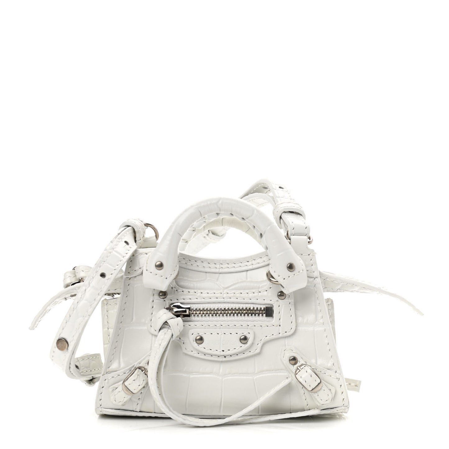 Extra Supple Calfskin Crocodile Embossed Neo Classic Silver Hardware Super Nano City Crossbody White
