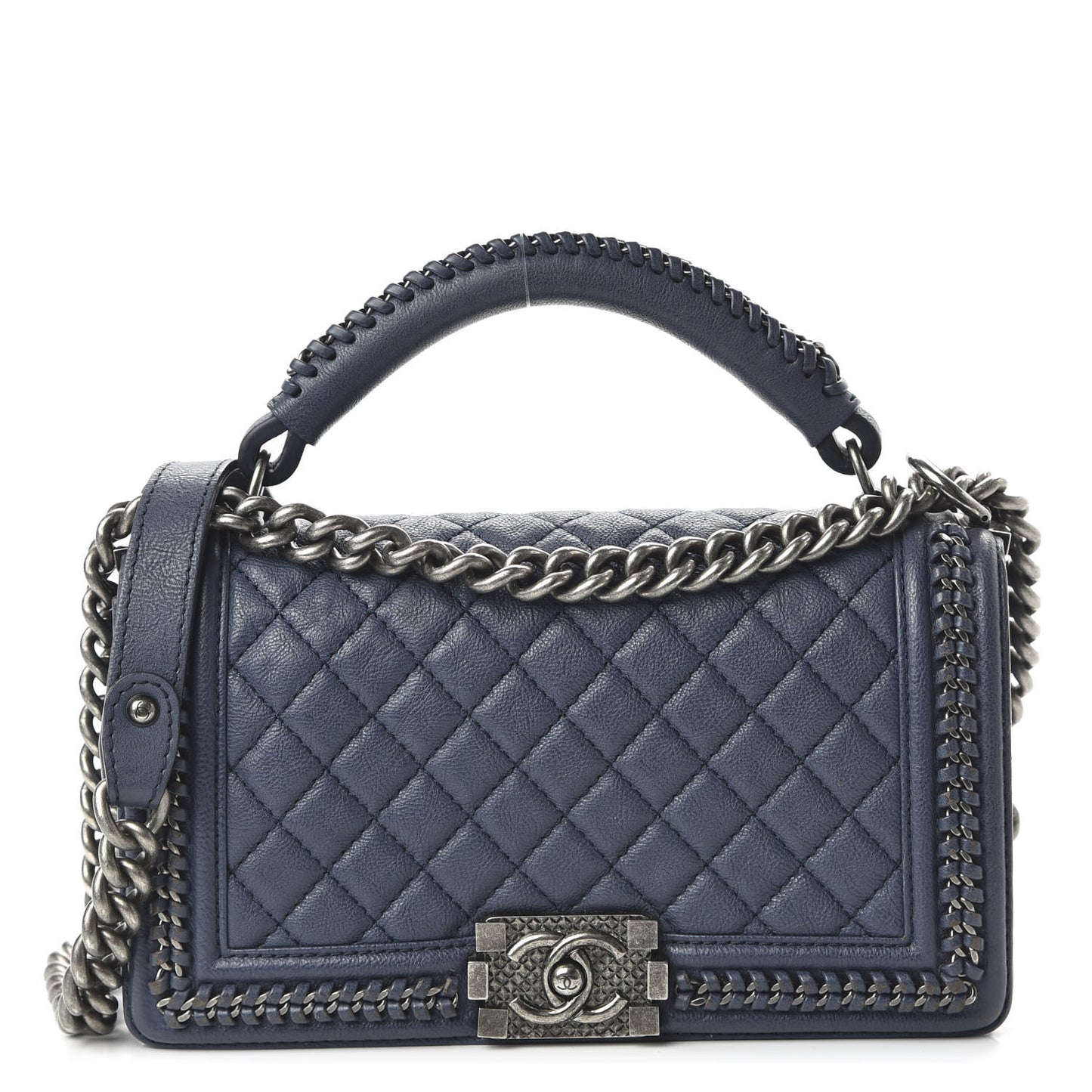 Calfskin Quilted Medium Top Handle Boy Flap Blue