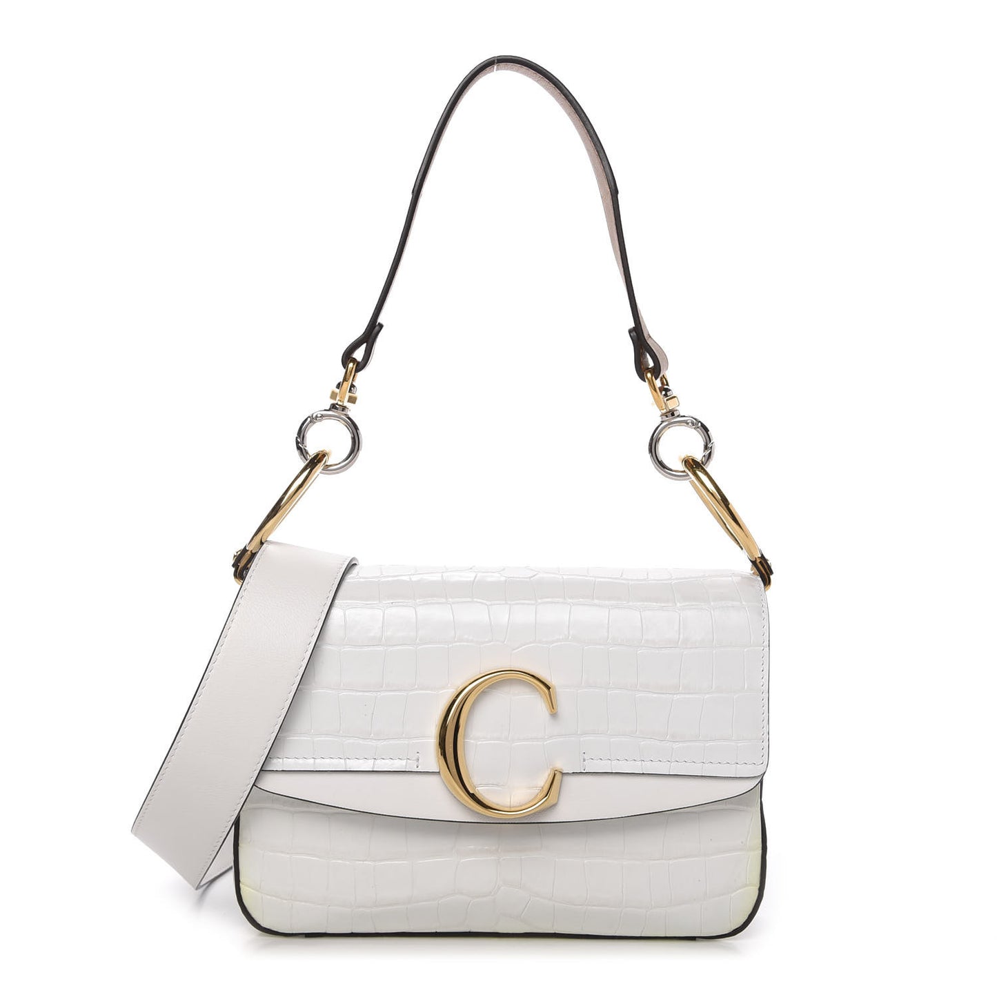 Calfskin Crocodile Embossed Small C Double Carry Brilliant White
