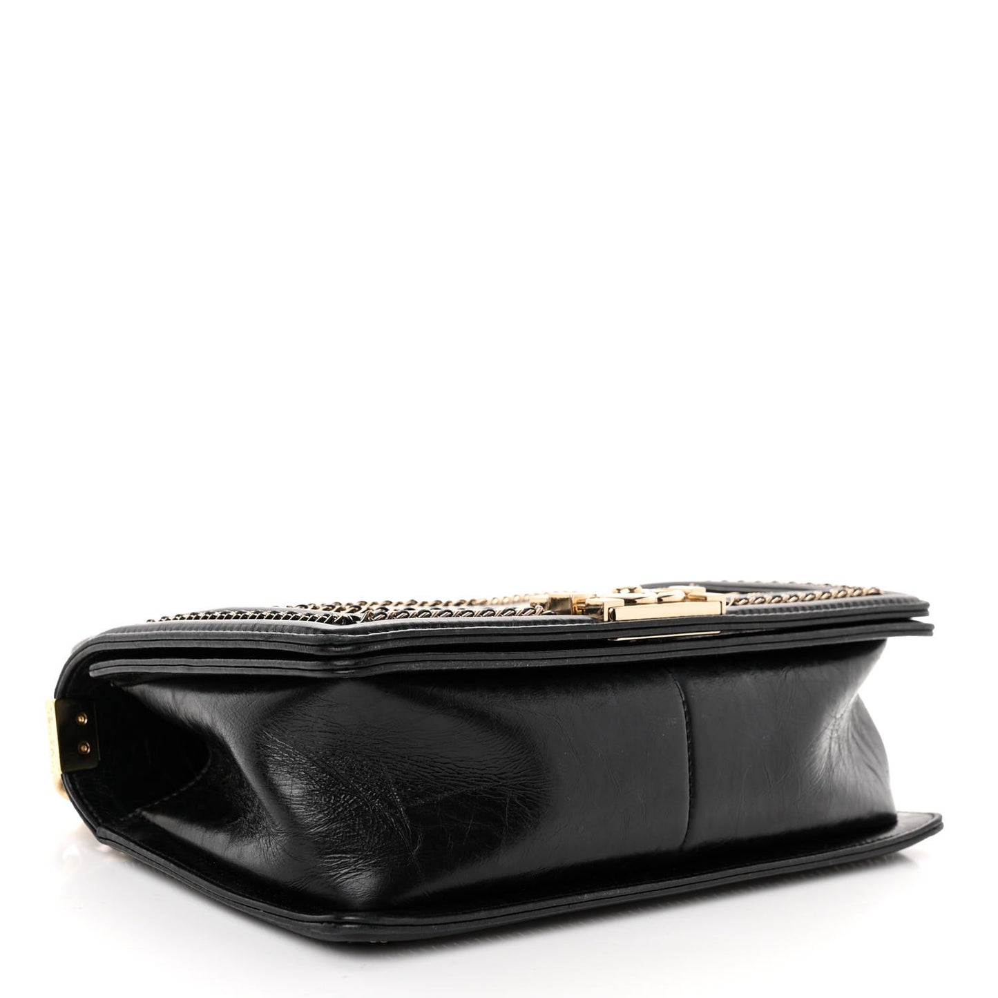 Crumpled Calfskin Chevron Chain Medium Boy Flap Black