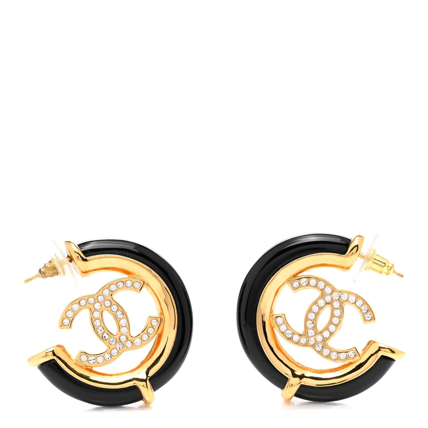 Resin Crystal CC Hoop Earrings Gold Black