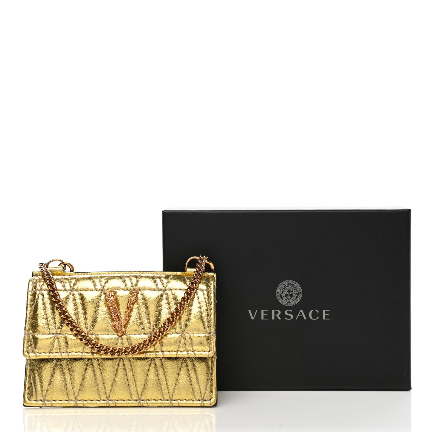 Metallic Lambskin Quilted Virtus Chain Card Holder Gold