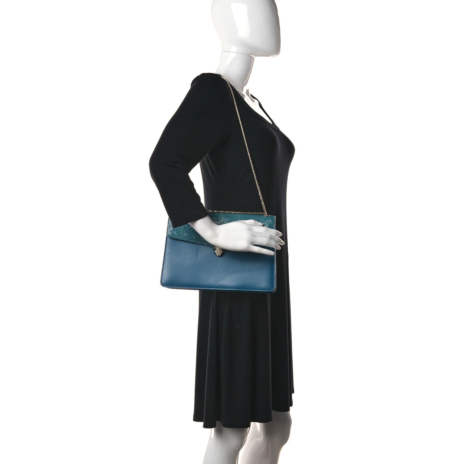 Bulgari Calfskin Galuchat Serpenti Forever Shoulder Bag Blue 2 of 12