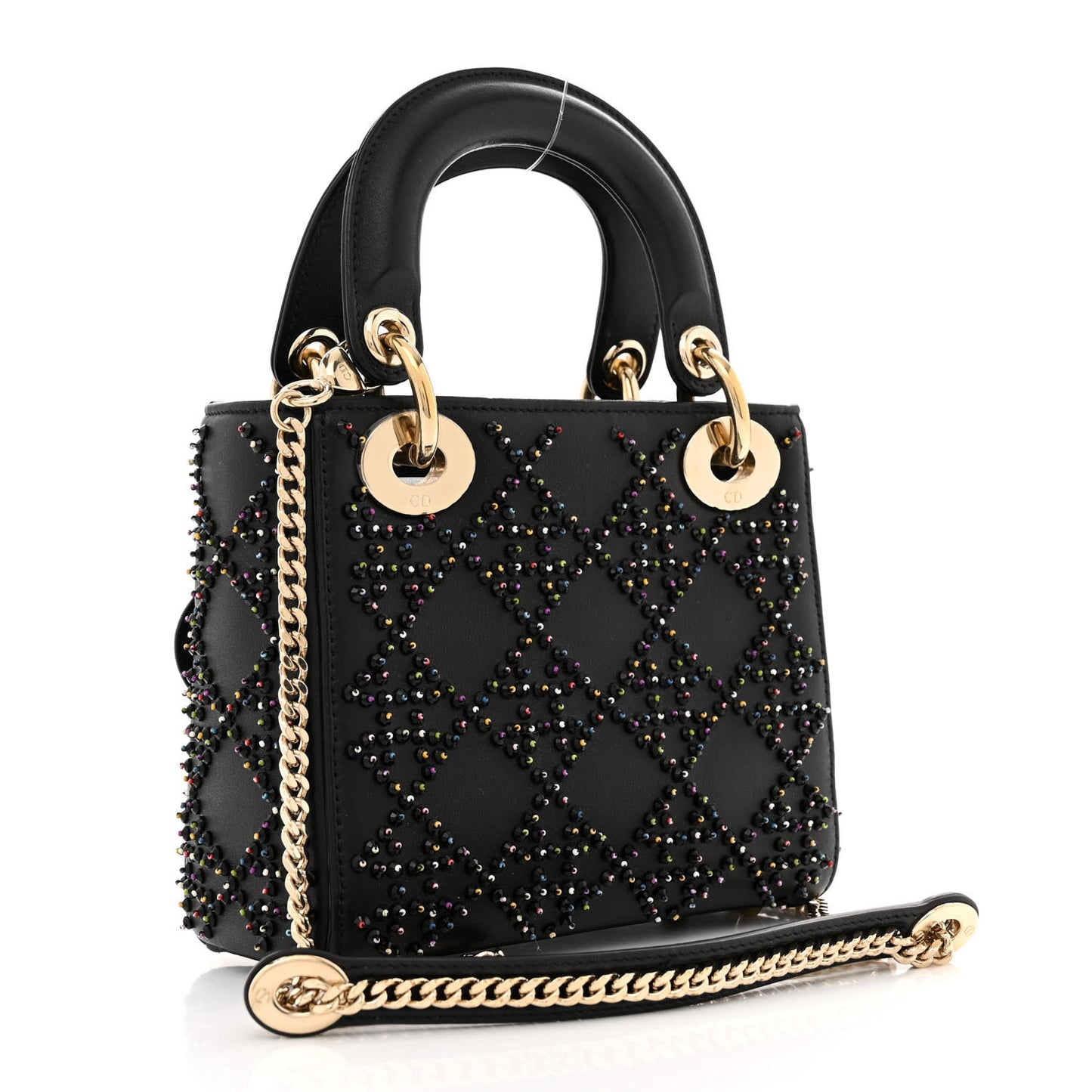 Lambskin Cannage Beaded Embroidery Mini Lady Dior Black