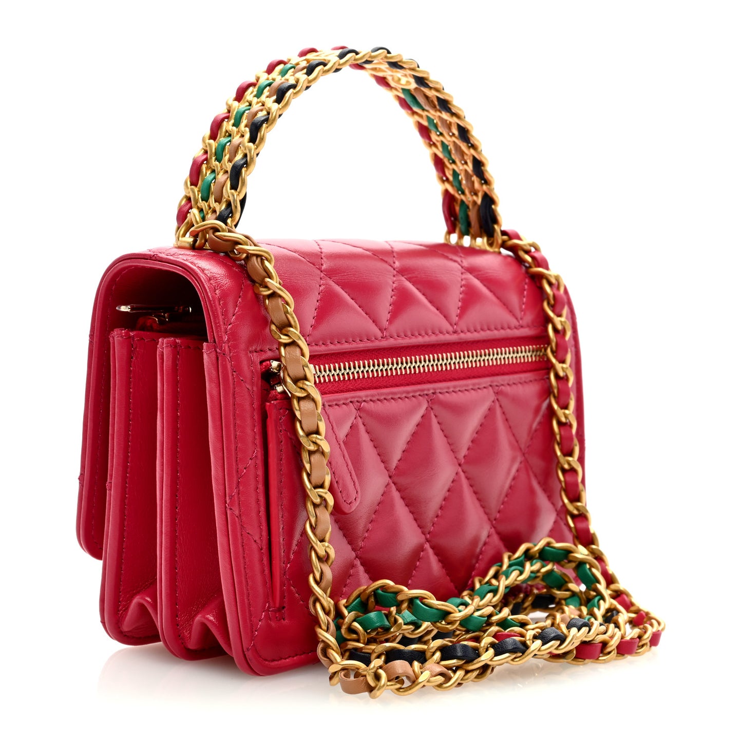 Shiny Calfskin Quilted Mini Multicolor Top Handle Wallet On Chain WOC Dark Pink