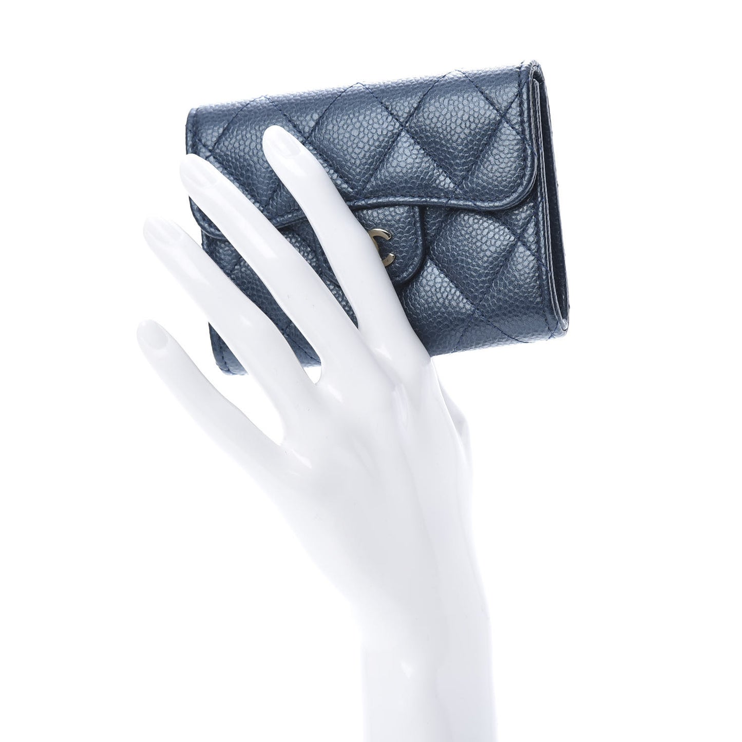 Metallic Caviar Quilted Flap Card Holder Wallet Dark Blue