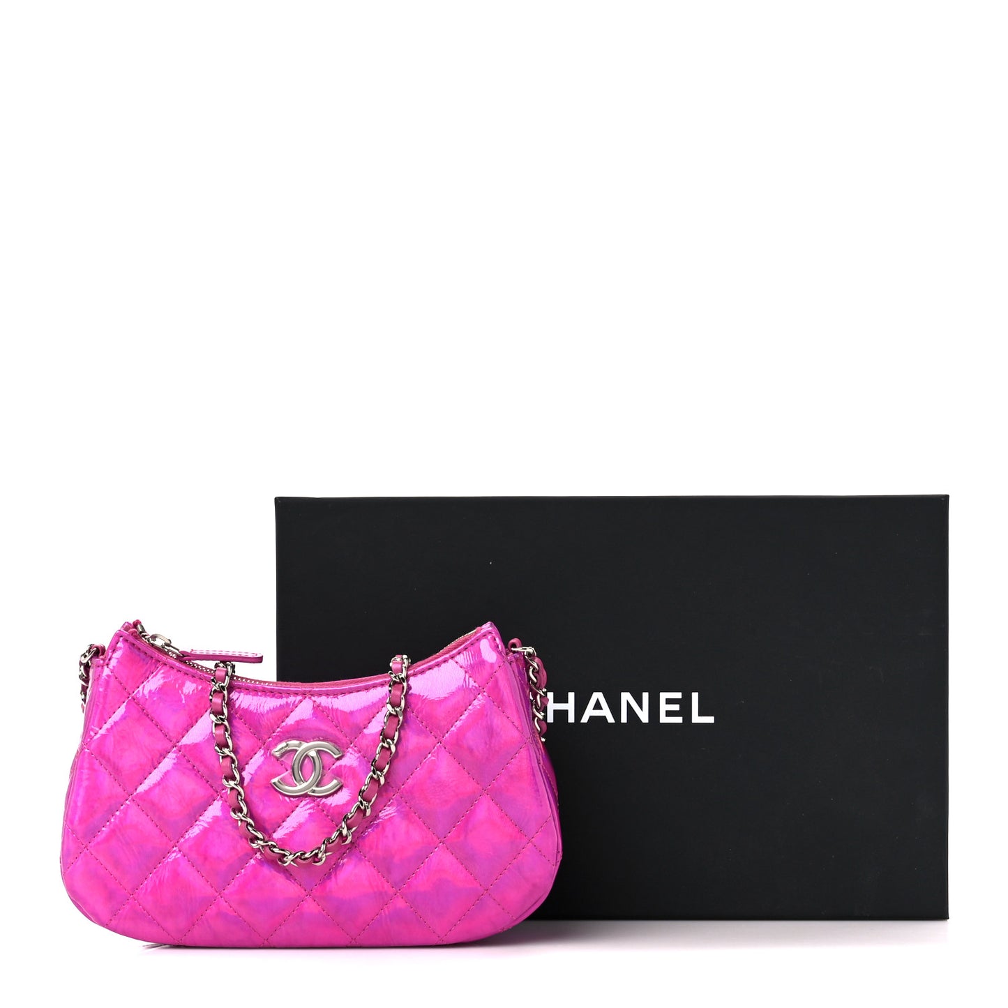 Iridescent Mirror Goatskin Clutch With Chain Pink