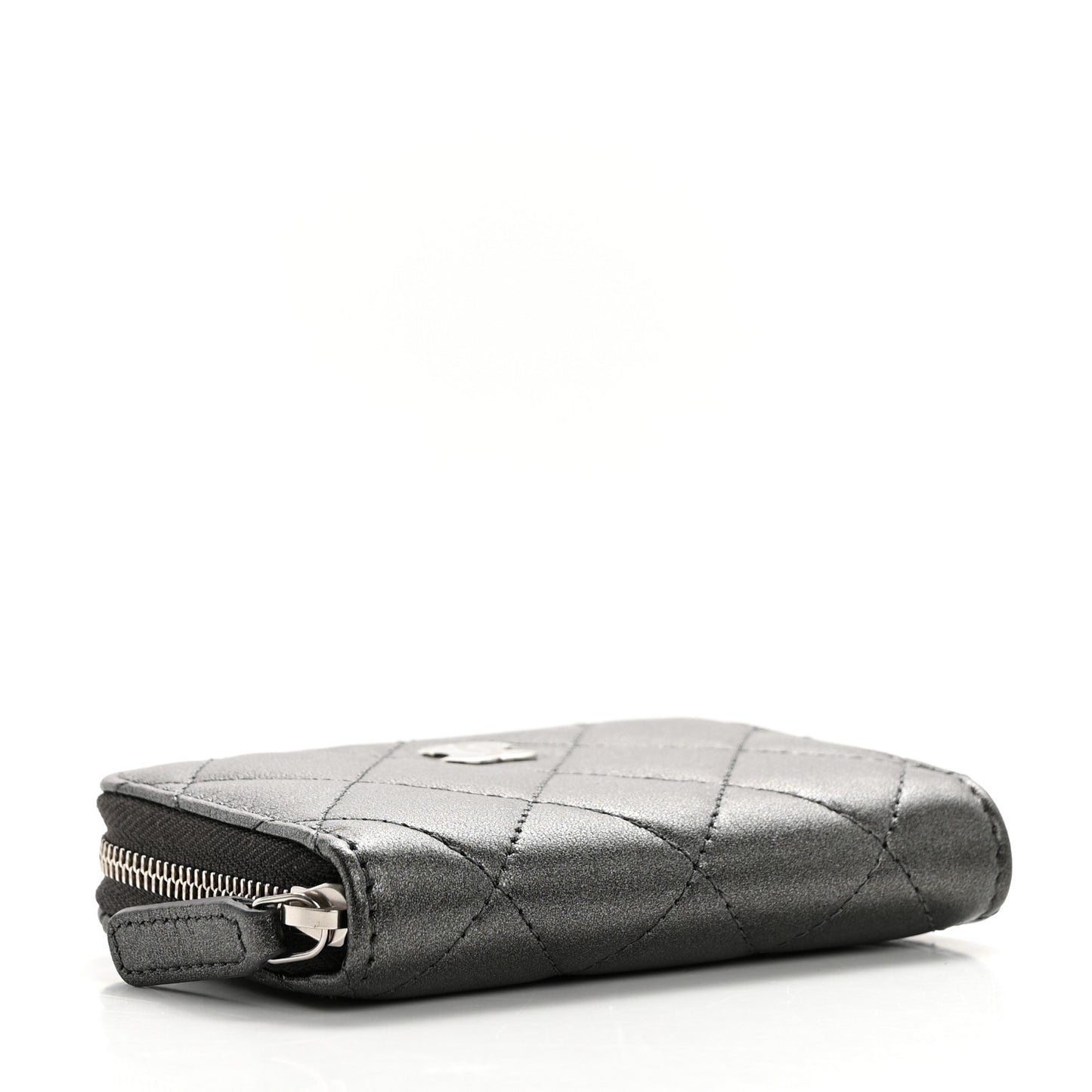 Iridescent Calfskin Quilted Zip Coin Purse Wallet Grey