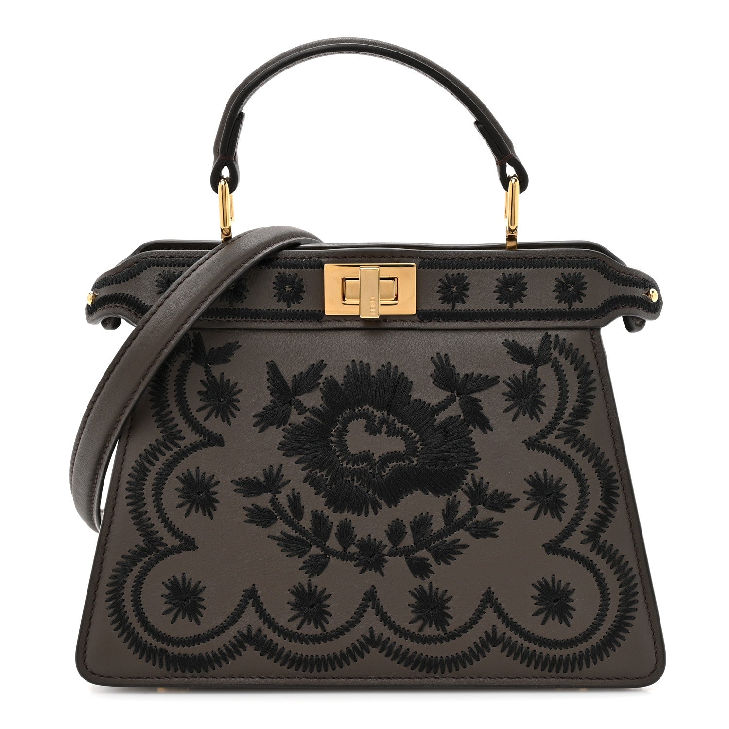 Fendi Vitello Seta Shiny Nappa Floral Embroidered Petite Peekaboo