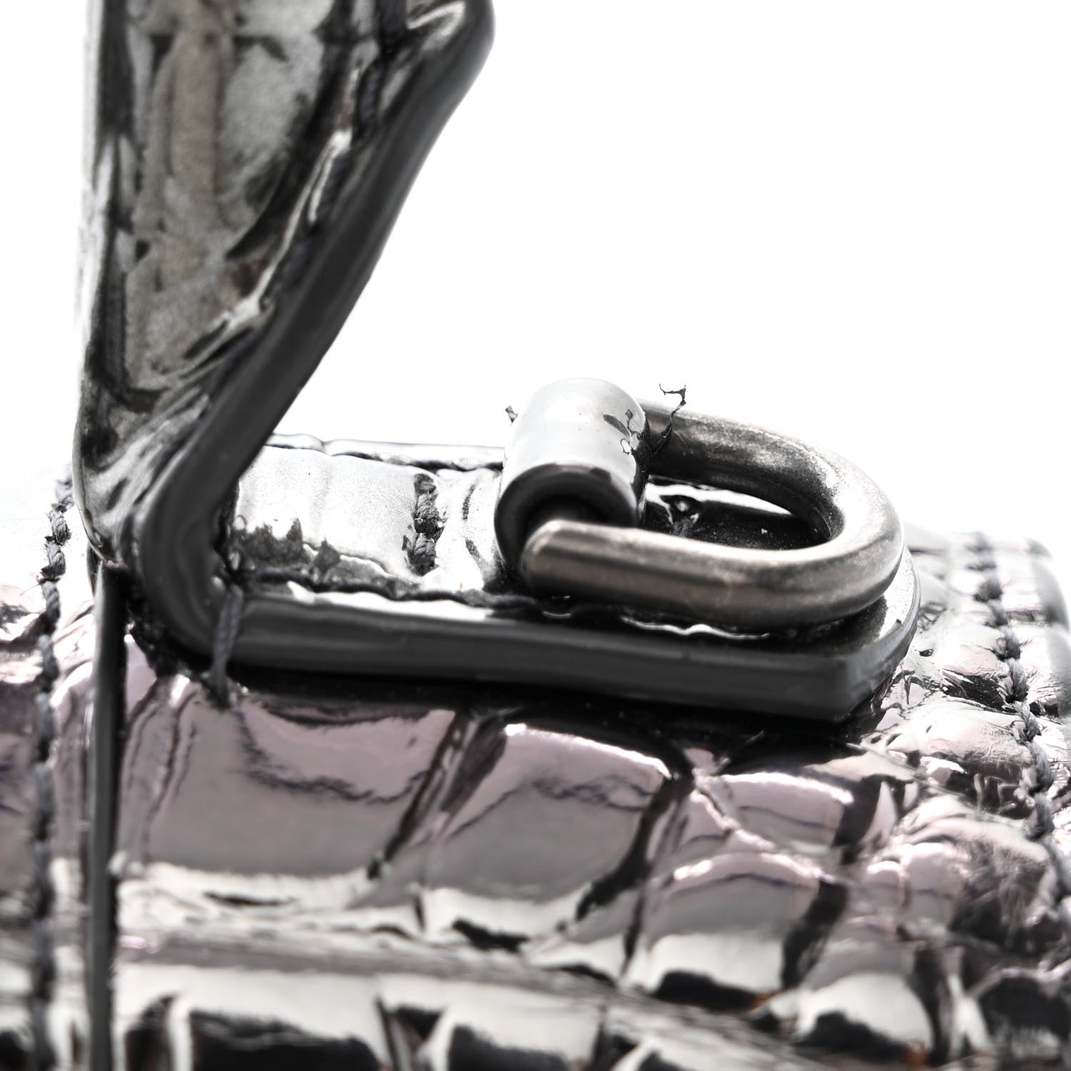 Balenciaga Metallic Shiny Calfskin Crocodile Embossed Hourglass Top Handle Bag XS Gunmetal 14 of 15